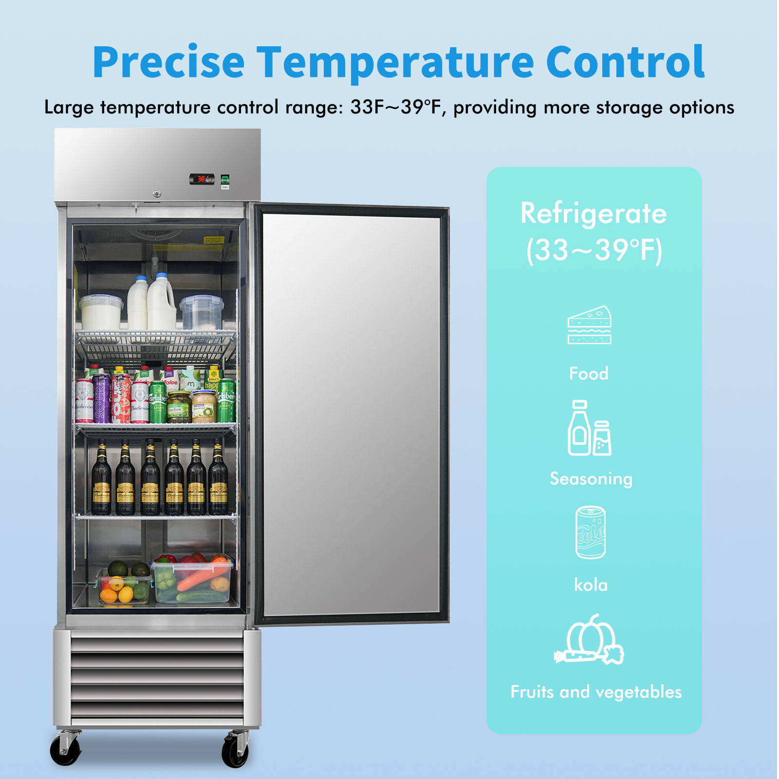  27"W Commercial Refrigerator 18.68 Cu.ft.Reach-in Merchandising Refrigerator for Restaurant,Bar,Shop