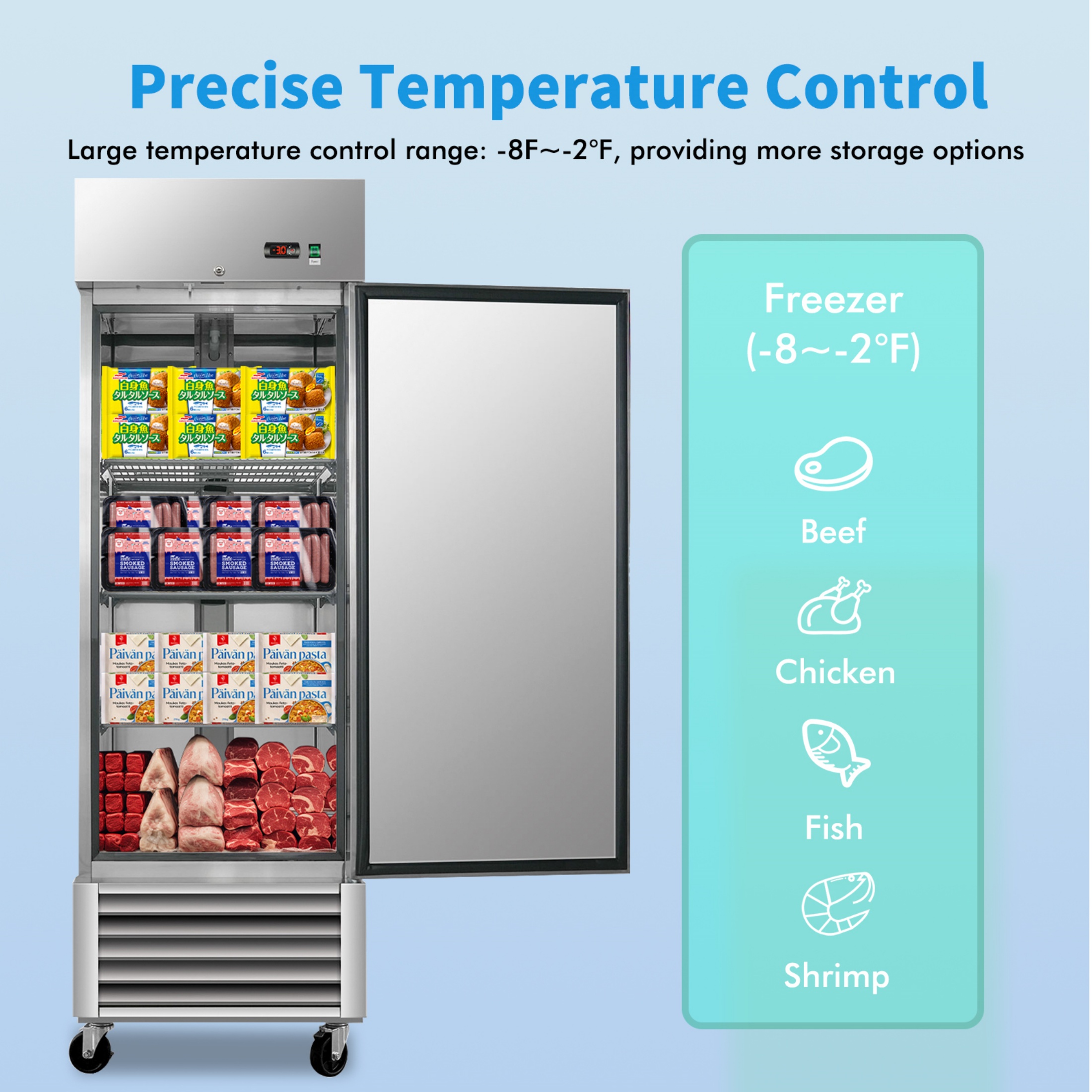 QEEKA 54"W 2 Door Commercial Freezer,Stainless Steel Interior and Exterior for Restaurant,Bar,Shop