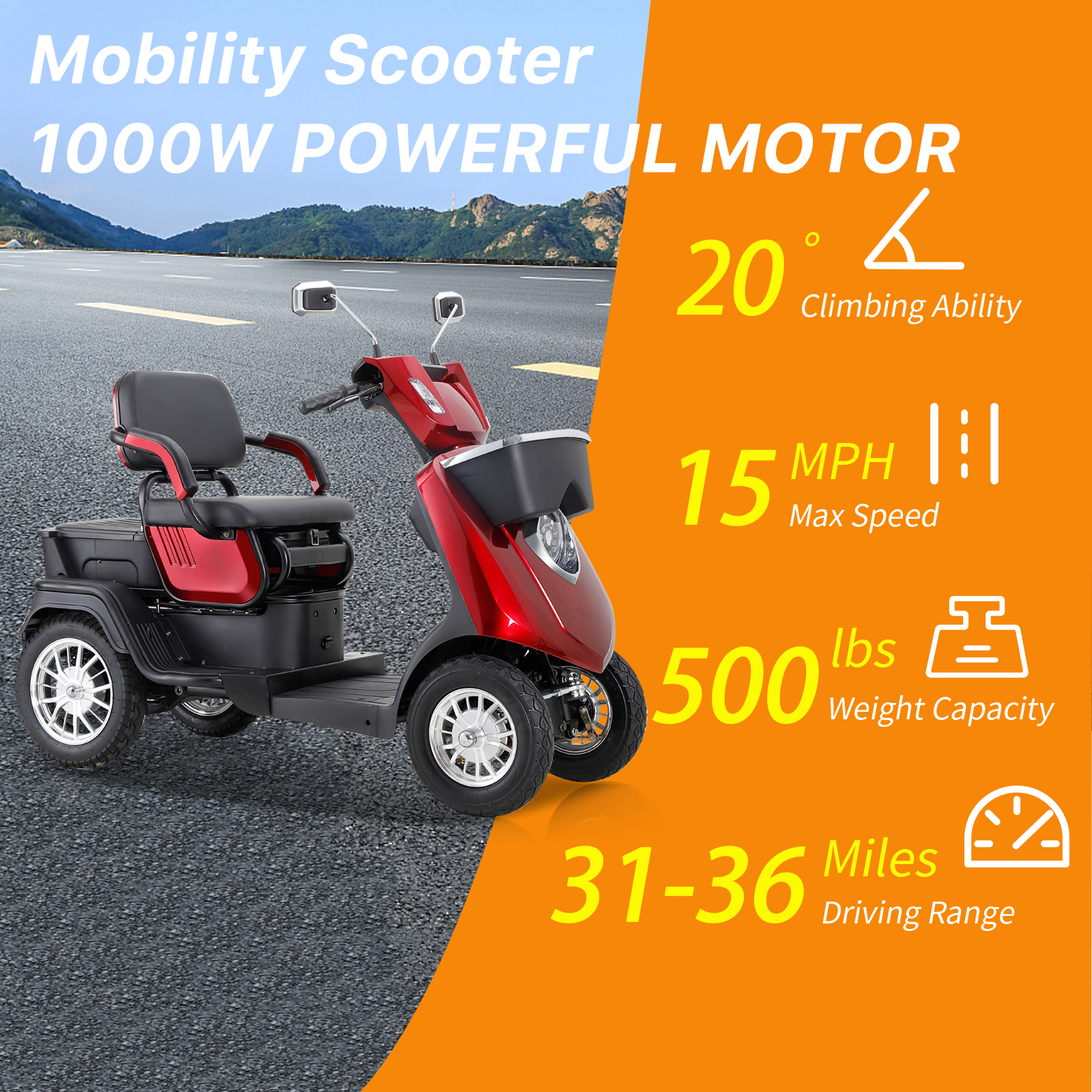 QEEKA 4-Wheel Mobility Scooter, 2-Seater Electric Scooter with Adjustable Seat, 500 lb Capacity, Red