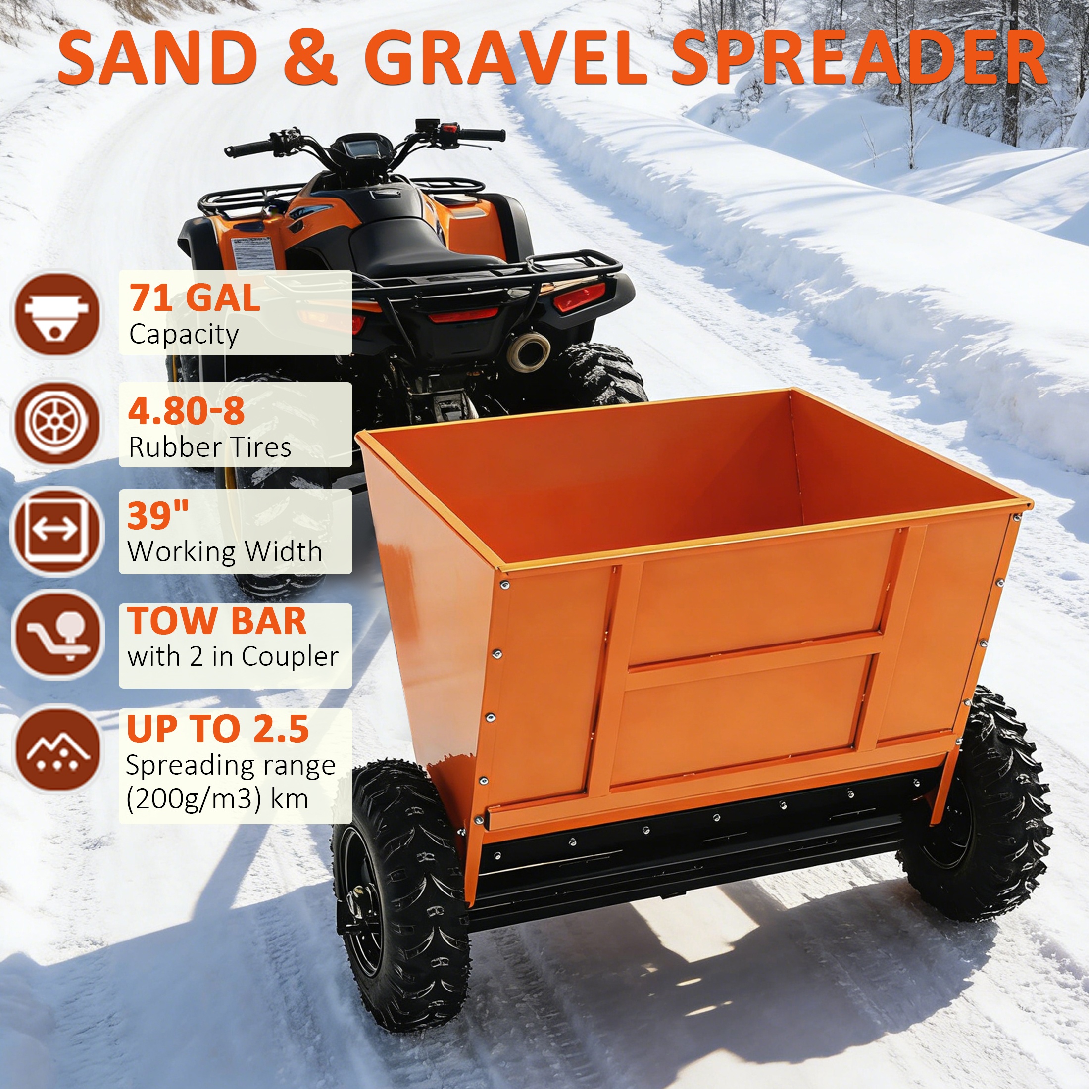 QEEKA 71Gal Towable Sand & Gravel Spreader for ATV/UTV - 270L Capacity with Adjustable Thickness for Road Maintenance