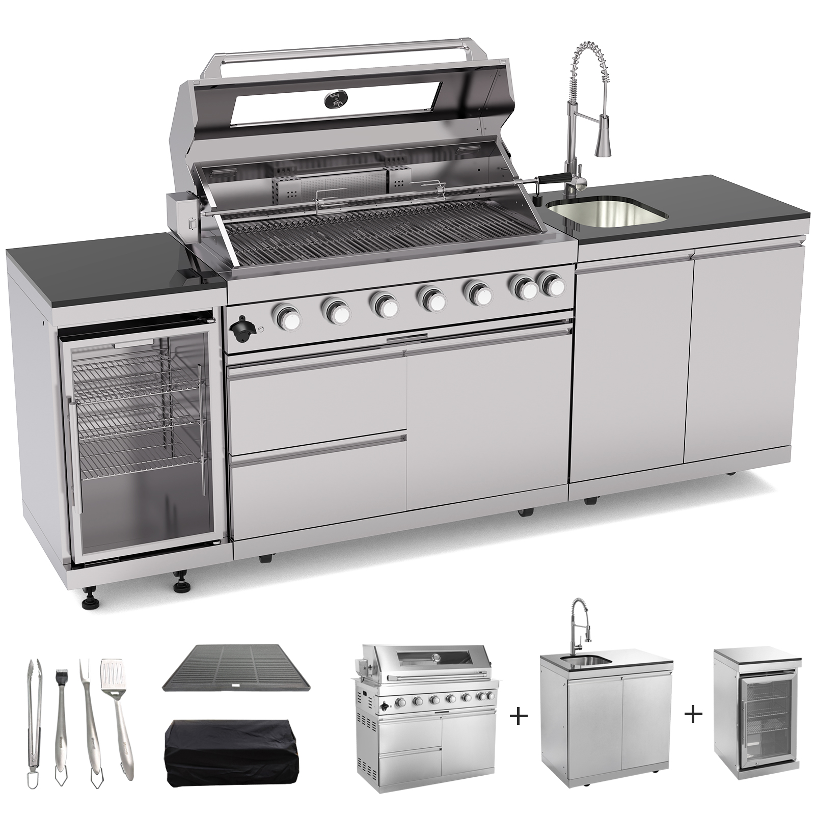 CTOSPOATO 43-Inch 6-Burner 85000 BTU Gas Grill Island - Outdoor Kitchen w/ Compact Fridge,Wine Cooler,Rotisserie,Granite Countertops & Storage Cabinets,Silver