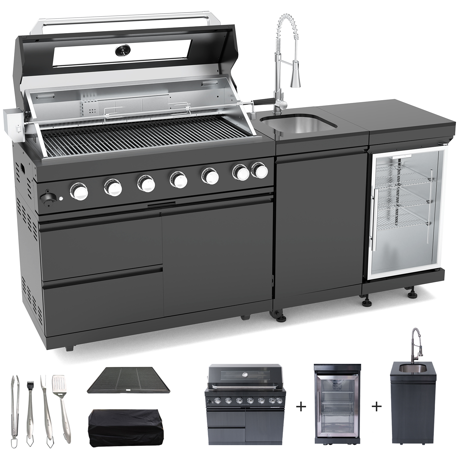 CTOSPOATO 43-Inch 6-Burner Outdoor Kitchen Grill Island,85,000 BTU Complete Stainless Steel Package with Wine Cooler,Compact Refrigerator,Rotisserie,Granite Countertop & Sink,Black
