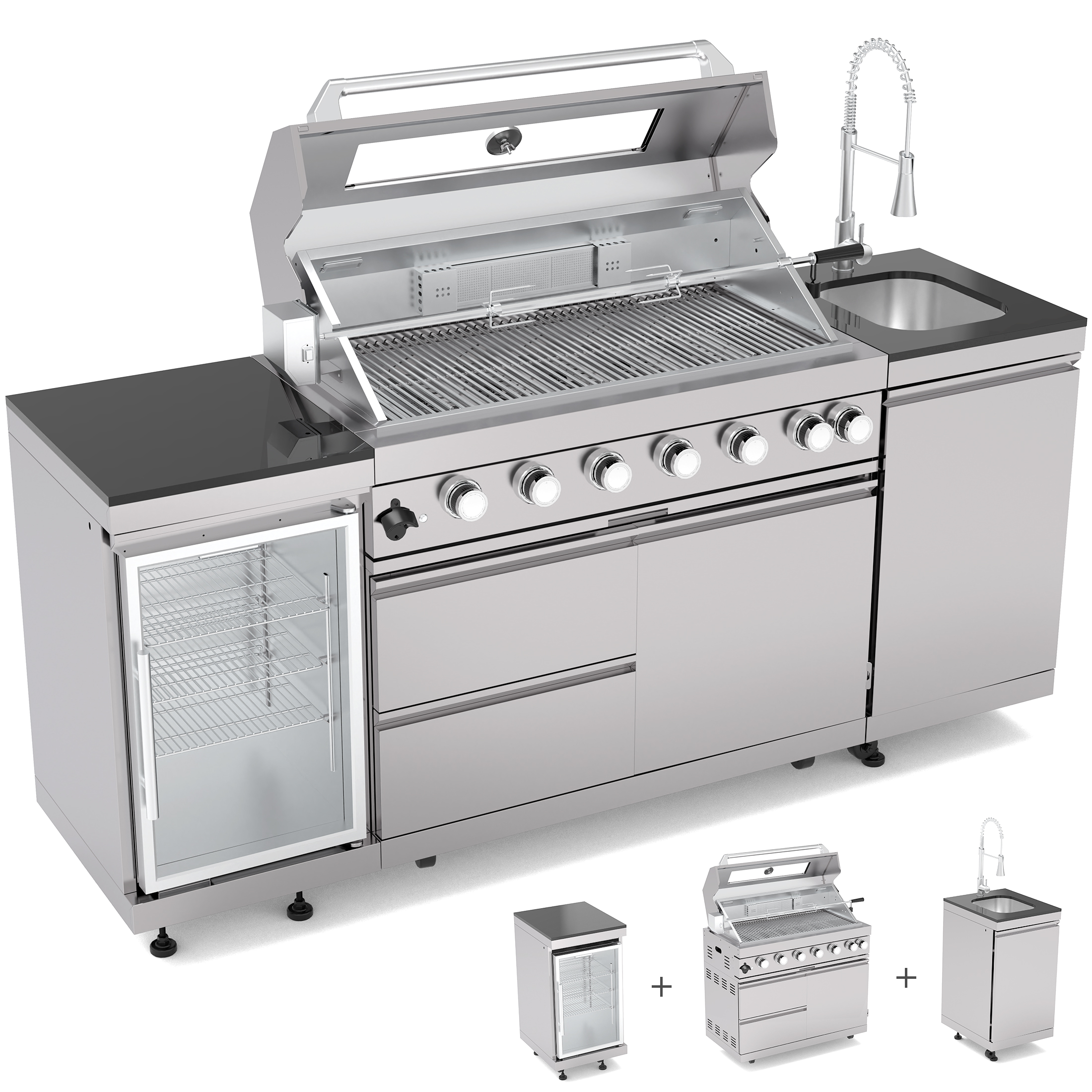 CTOSPOATO 43-Inch Deluxe 6-Burner Outdoor Kitchen Island,85,000 BTU Stainless Steel BBQ Grill,Built-In Wine Cooler,Compact Fridge,Rotisserie,Granite Countertops & Storage Cabinets,Silver