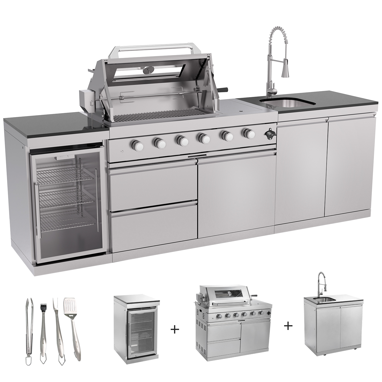 CTOSPOATO 46-Inch 4-Burner 72000 BTU Gas Grill Island - Outdoor Kitchen w/ Compact Fridge, Wine Cooler,Rotisserie,Granite Countertops & Storage Cabinets,Silver