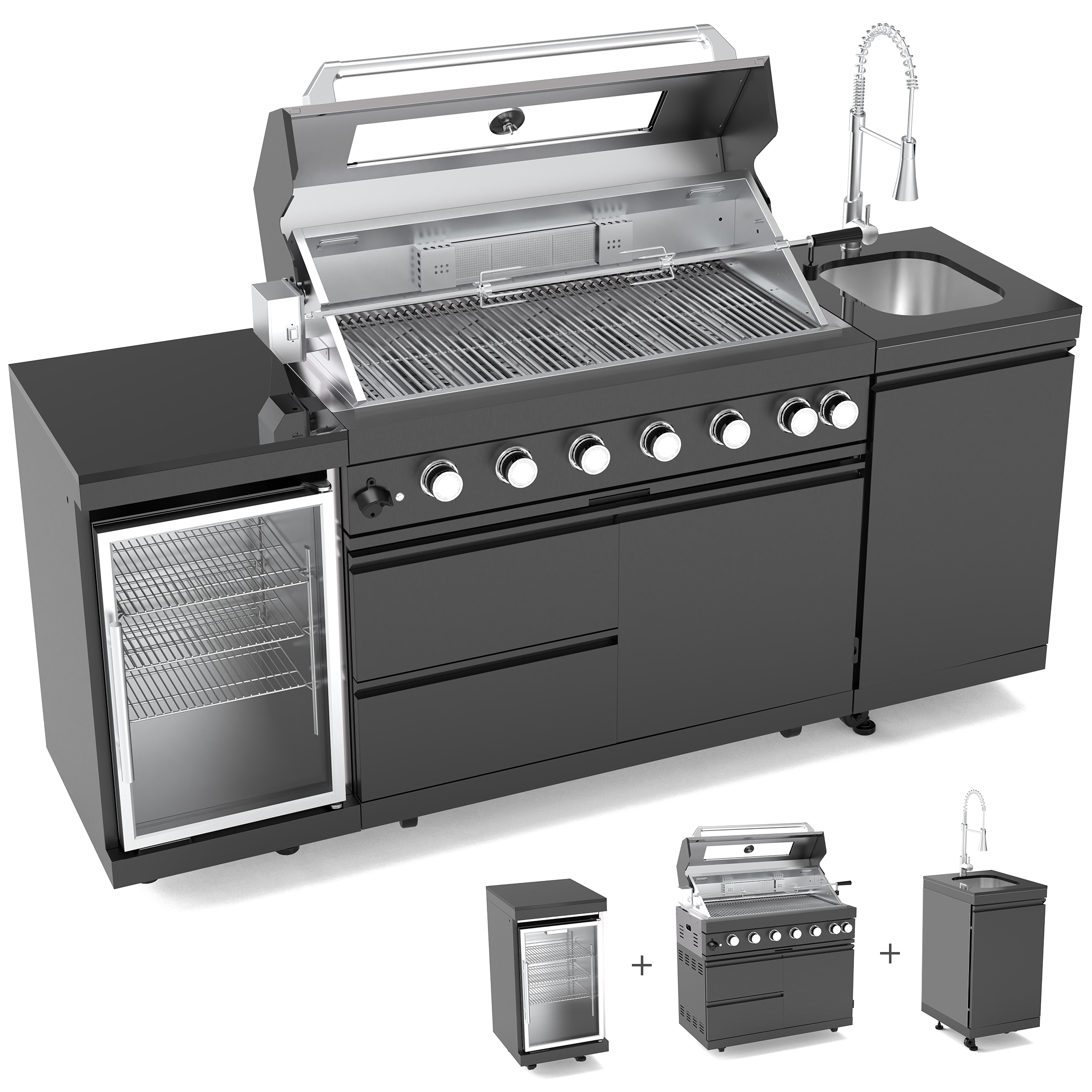 CTOSPOATO 46-Inch 4-Burner 72000 BTU Gas Grill Island - Outdoor Kitchen w/ Compact Fridge,Wine Cooler,Rotisserie & Stainless Steel Sink (Black)