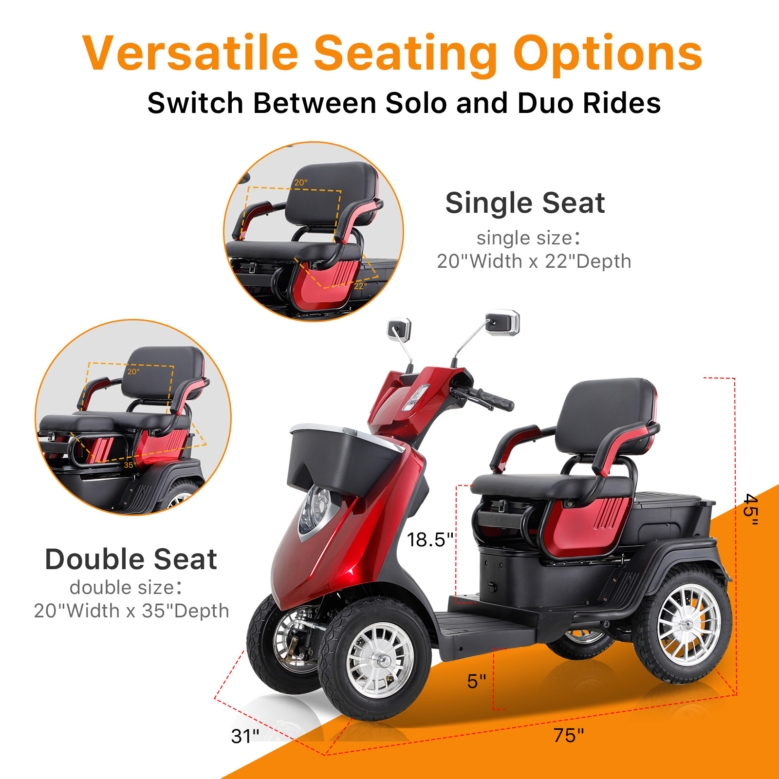 QEEKA 4-Wheel Mobility Scooter, 2-Seater Electric Scooter with Adjustable Seat, 500 lb Capacity, Red