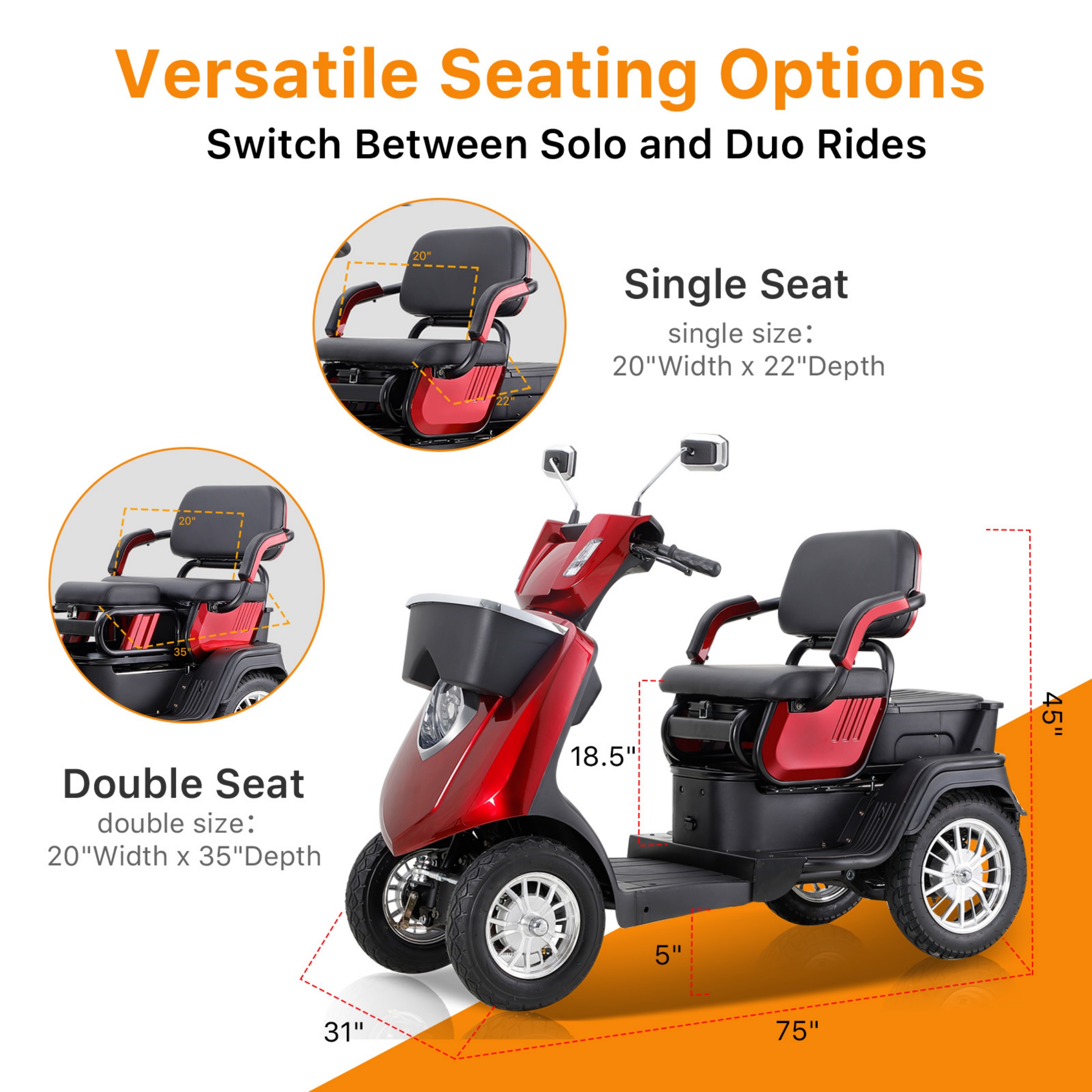 QEEKA 4-Wheel Mobility Scooter, 2-Seater Electric Scooter with Adjustable Seat, 500 lb Capacity, Red