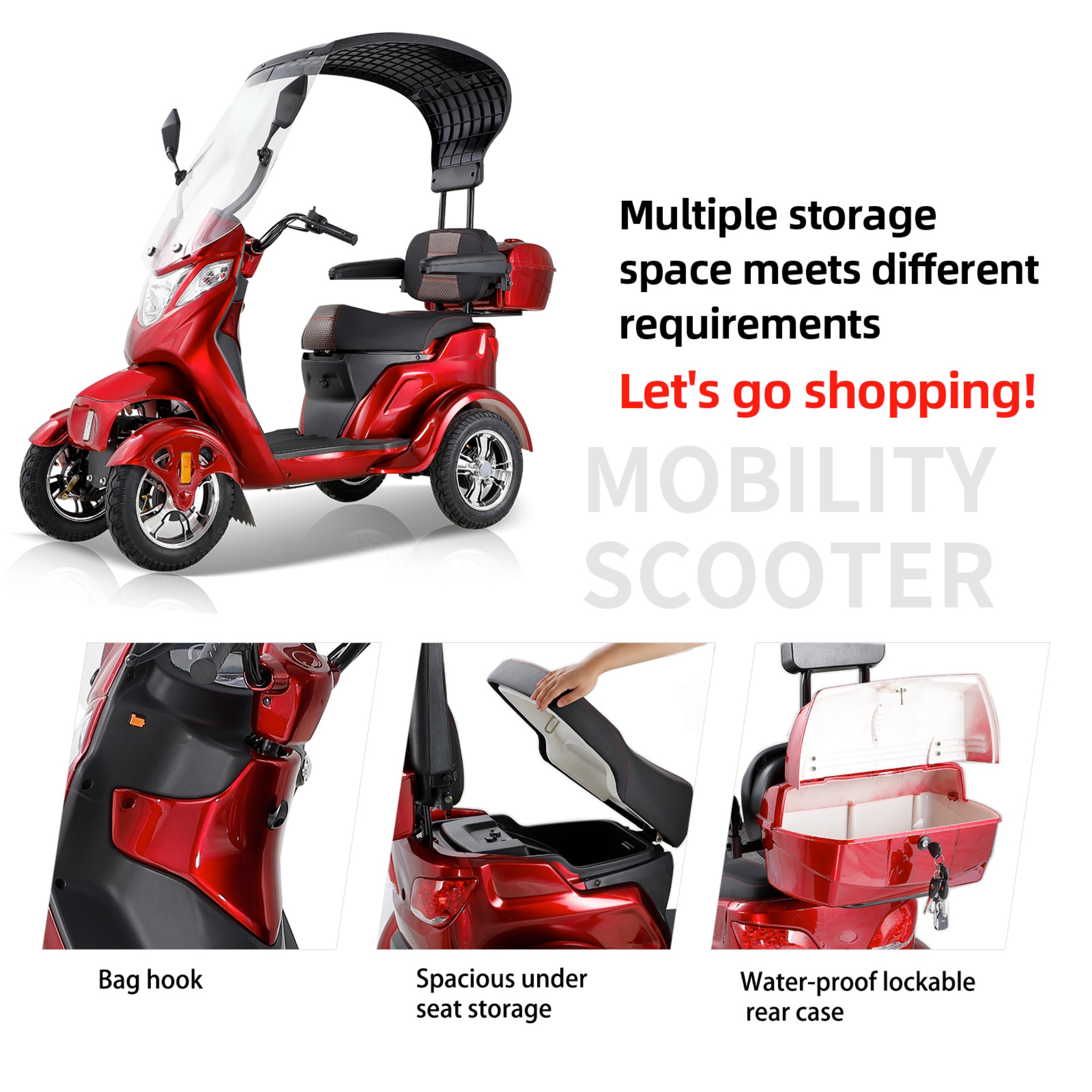 QEEKA Mobility Scooter for Adults & Seniors, Electric Powered Wheelchair with Canopy, Rear Lockbox Under Seat Storage