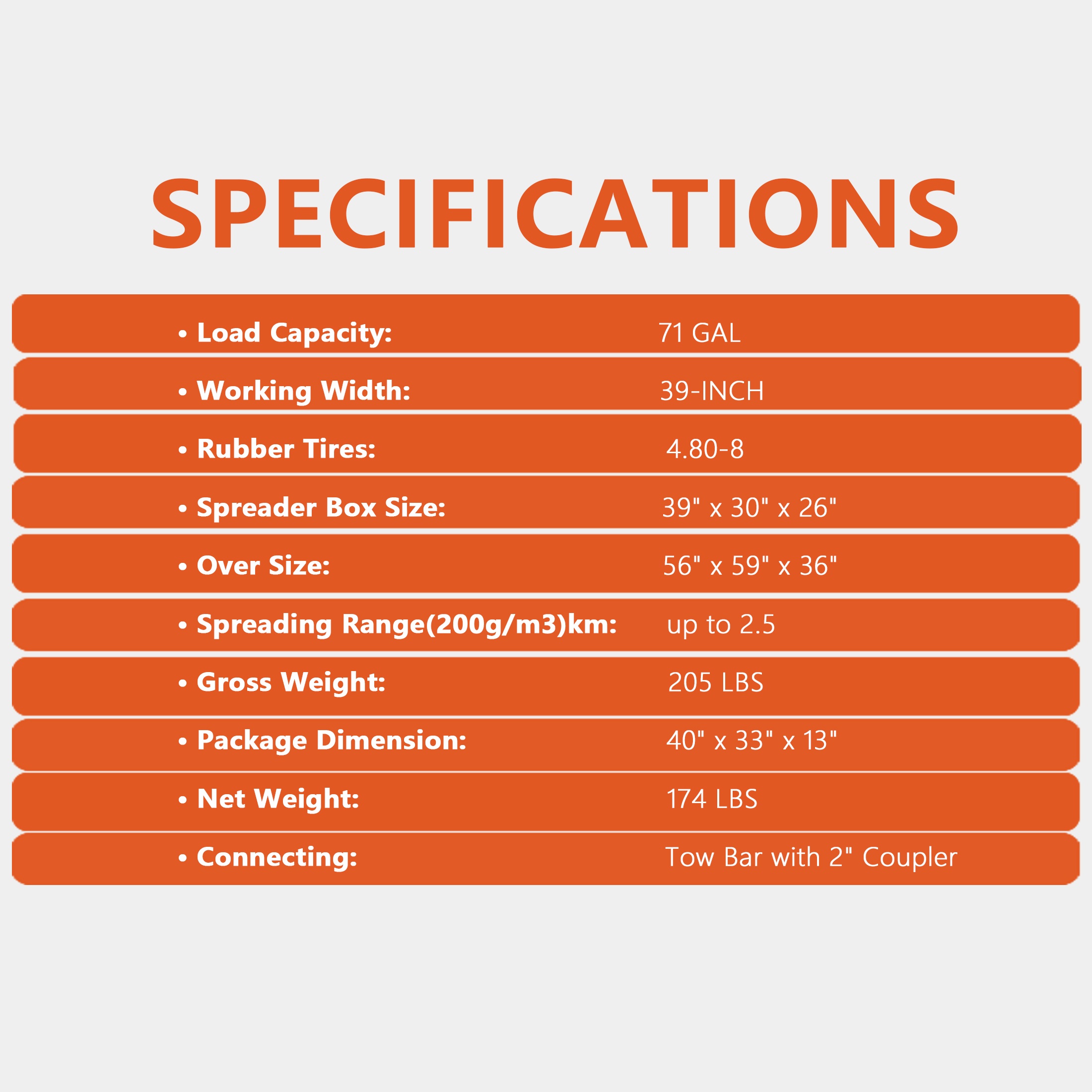 QEEKA 71Gal Towable Sand & Gravel Spreader for ATV/UTV - 270L Capacity with Adjustable Thickness for Road Maintenance