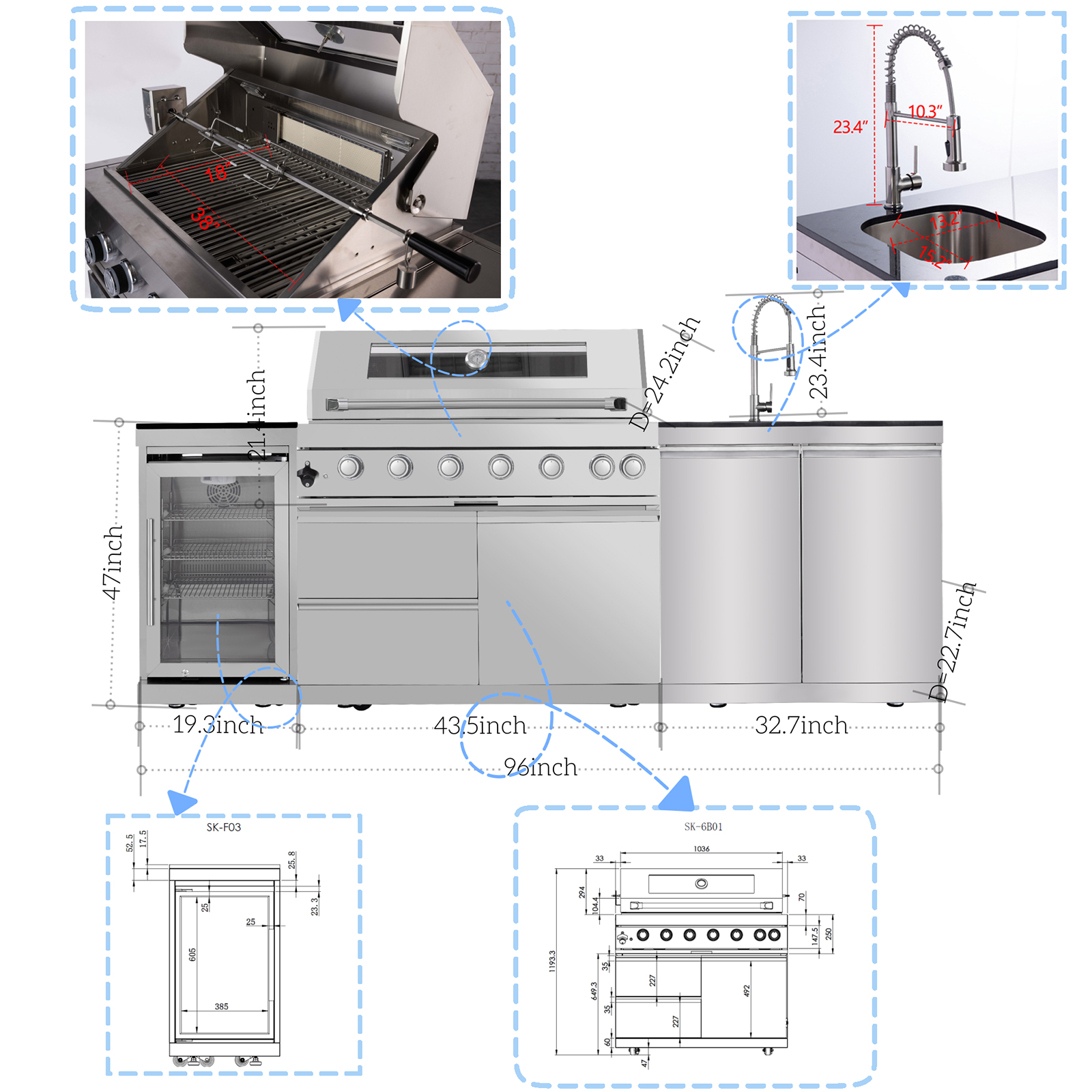 CTOSPOATO 43-Inch 6-Burner 85000 BTU Gas Grill Island - Outdoor Kitchen w/ Compact Fridge,Wine Cooler,Rotisserie,Granite Countertops & Storage Cabinets,Silver
