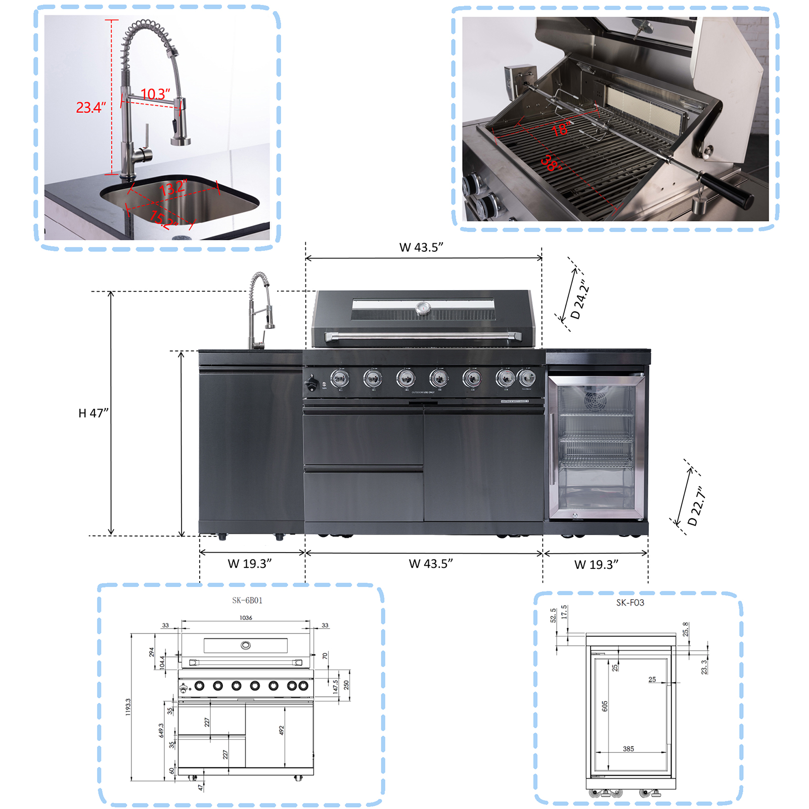 CTOSPOATO 43-Inch 6-Burner Outdoor Kitchen Grill Island,85,000 BTU Complete Stainless Steel Package with Wine Cooler,Compact Refrigerator,Rotisserie,Granite Countertop & Sink,Black