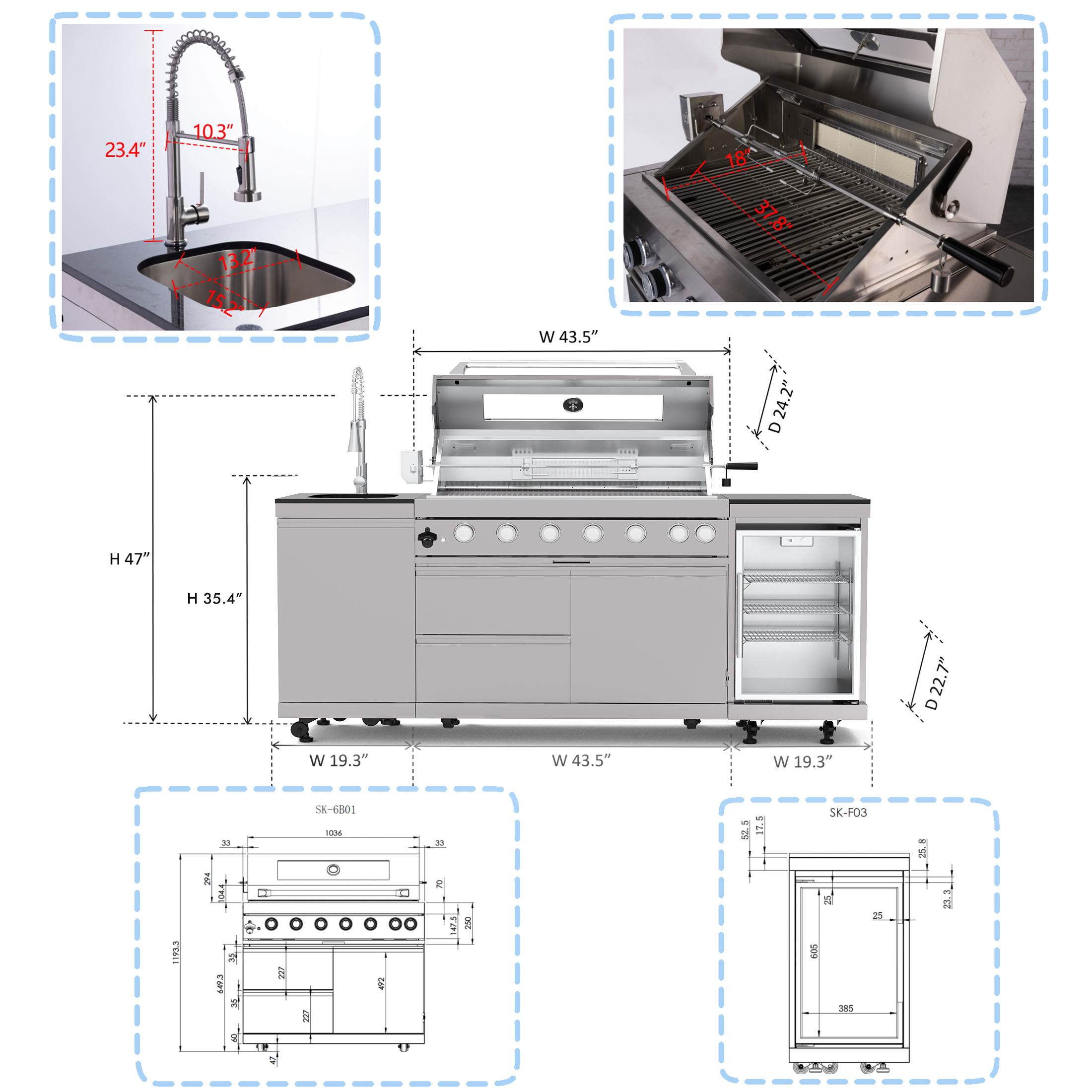 CTOSPOATO 43-Inch Deluxe 6-Burner Outdoor Kitchen Island,85,000 BTU Stainless Steel BBQ Grill,Built-In Wine Cooler,Compact Fridge,Rotisserie,Granite Countertops & Storage Cabinets,Silver