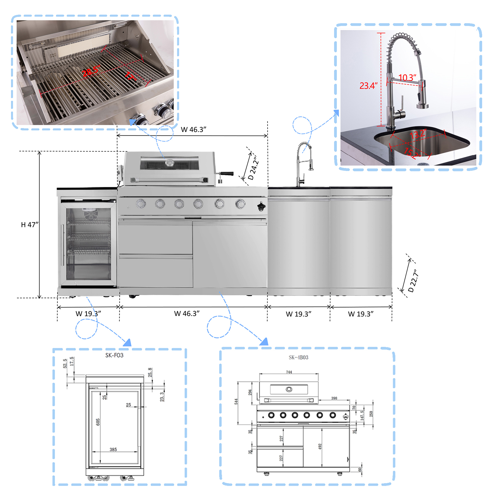 CTOSPOATO 46-Inch 4-Burner 72000 BTU Gas Grill Island - Outdoor Kitchen w/ Compact Fridge, Wine Cooler,Rotisserie,Granite Countertops & Storage Cabinets,Silver