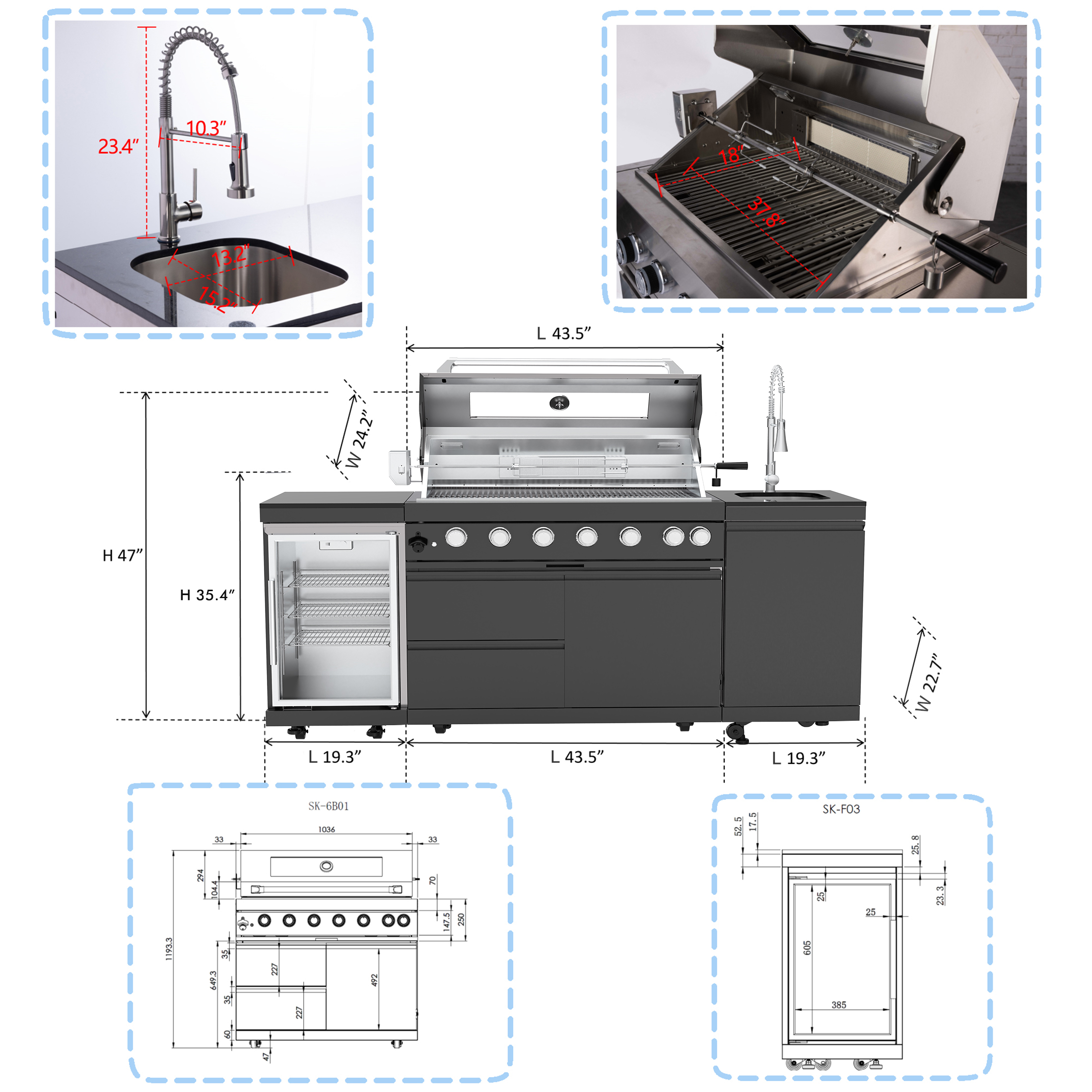 CTOSPOATO 46-Inch 4-Burner 72000 BTU Gas Grill Island - Outdoor Kitchen w/ Compact Fridge,Wine Cooler,Rotisserie & Stainless Steel Sink (Black)