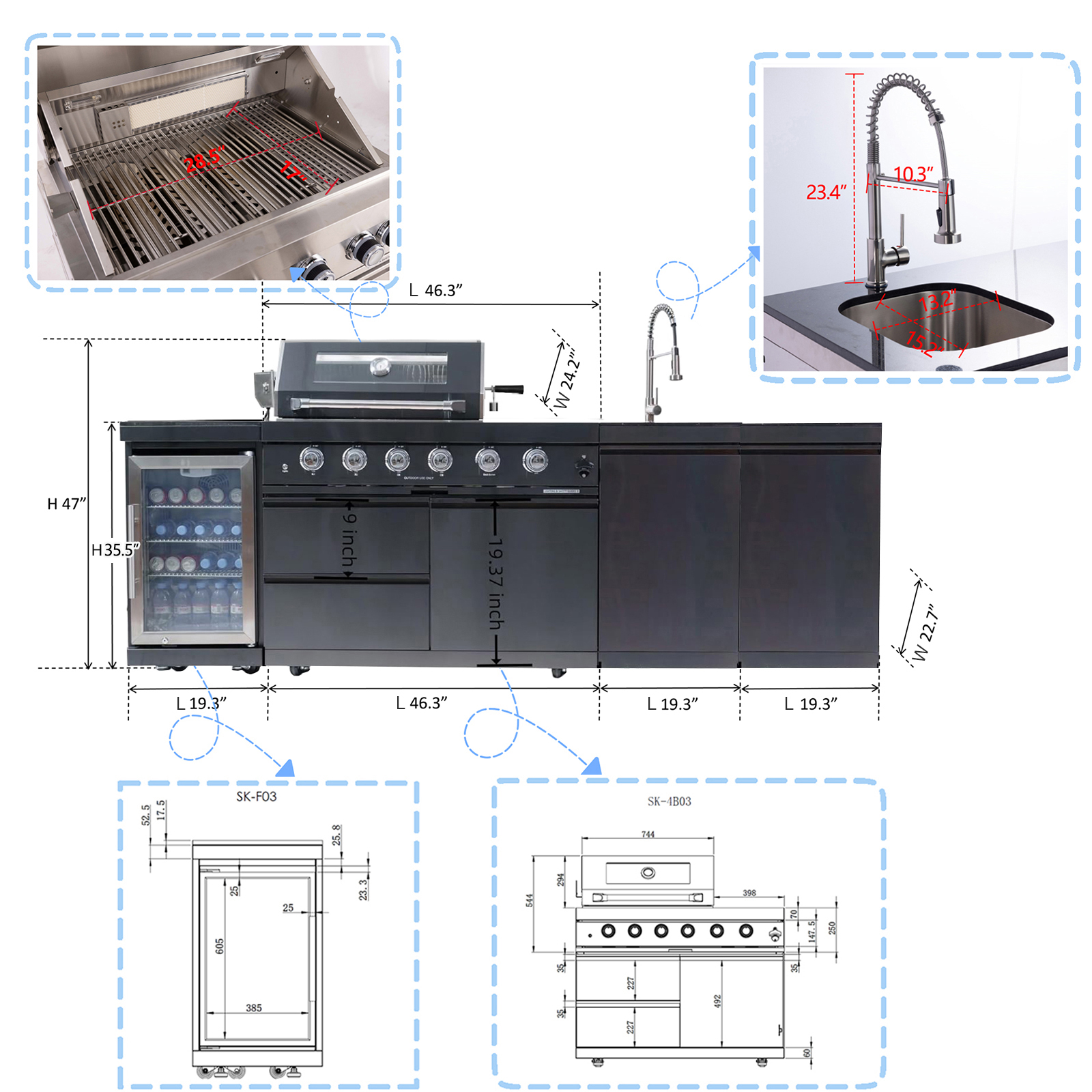 CTOSPOATO 46-Inch 4-Burner 72000 BTU Gas Grill Island - Outdoor Kitchen for Backyard Parties w/ Compact Fridge,Wine Cooler,Rotisserie,Granite Countertops & Stainless Steel Sink