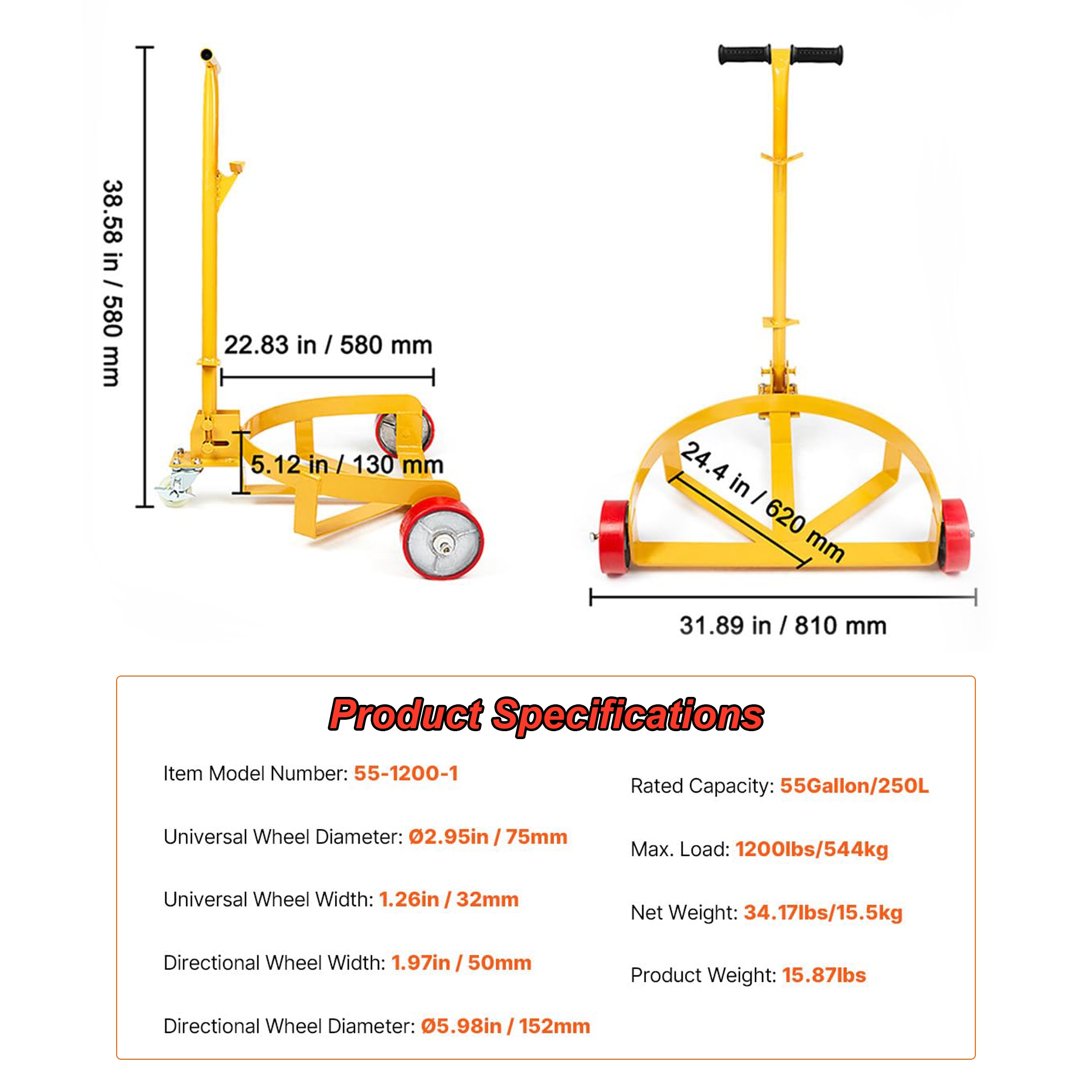 CTOSPOATO 55 Gallon Drum Dolly,1200lbs Capacity Drum Cart with Bung Wrench Handle and Swivel Wheels with Brake,Low Profile,Yellow