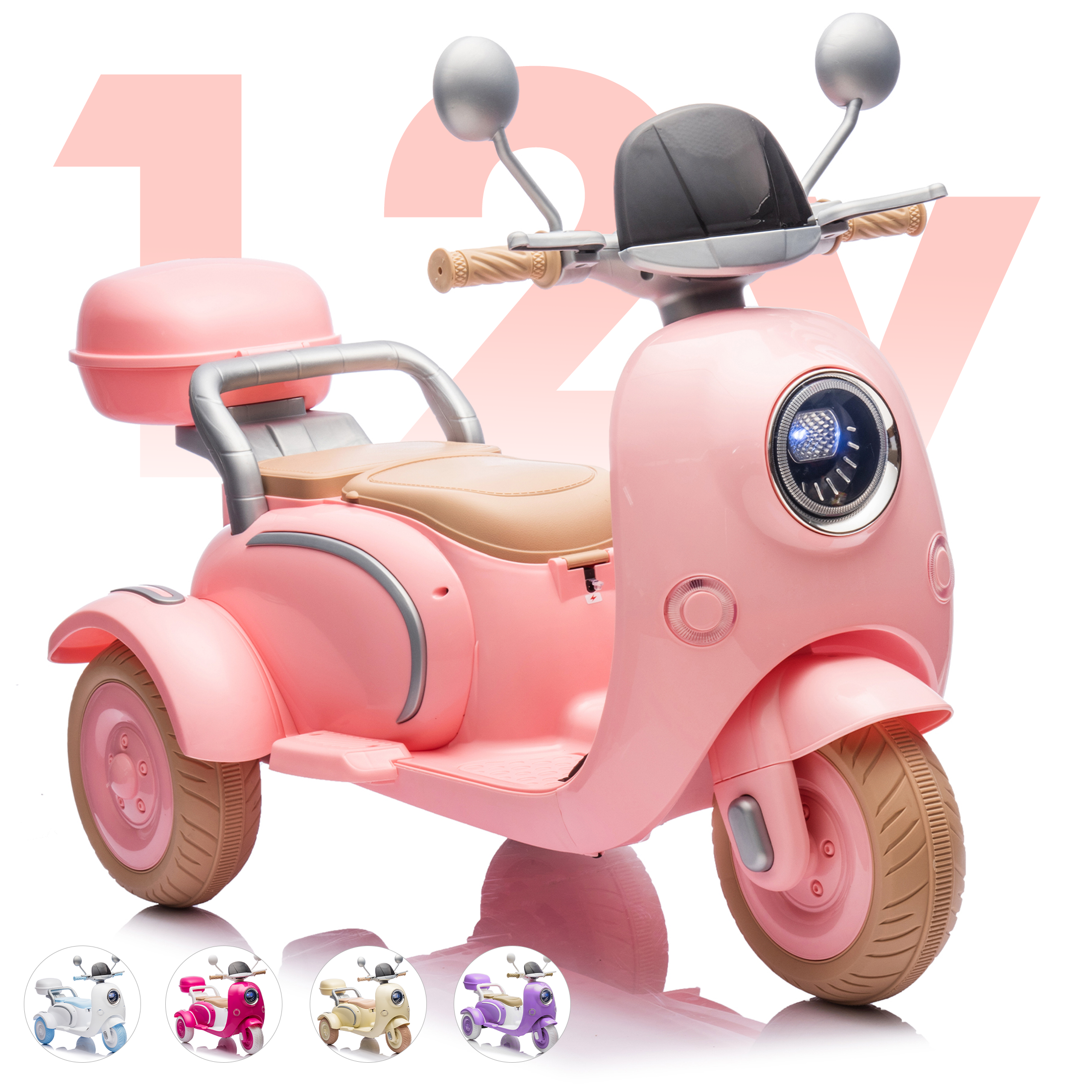 QEEKA 12V Electric Kids Motorcycle,2 Seater Ride on 3 Wheel Scooter,Multi-function player,USB,Bluetooth,light,Backseat flip adult seat,Oversized Storage Box for kids Aged 3-6