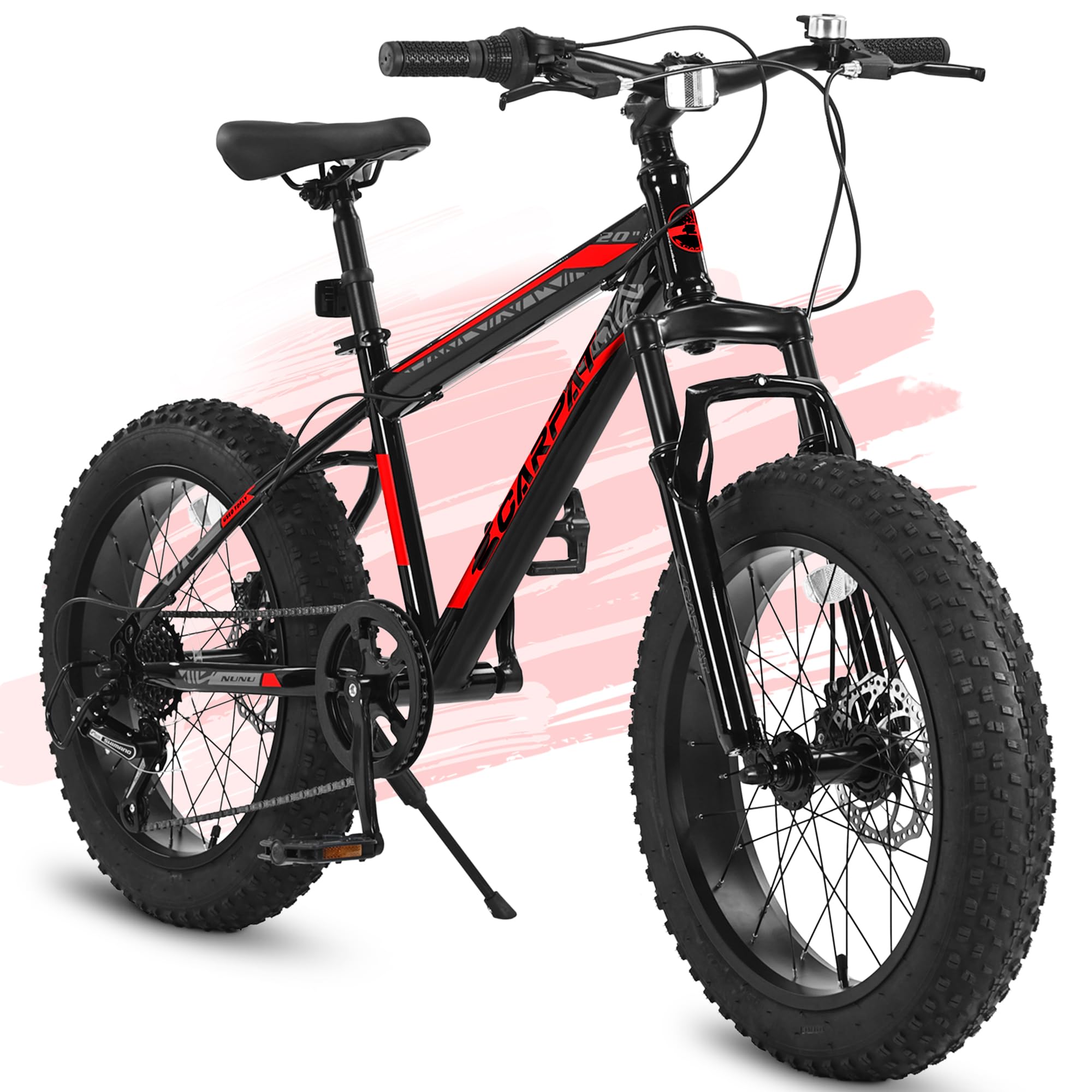 QEEKA 20 Inch Teenagers Mountain Bike,4.0"/2.125" Wide Non-Slip Tires,7-Speed,with Front Suspension,Dual Disc Brakes and Steel Frame,Kids MTB Bicycle for Ages 6-12 Years Old