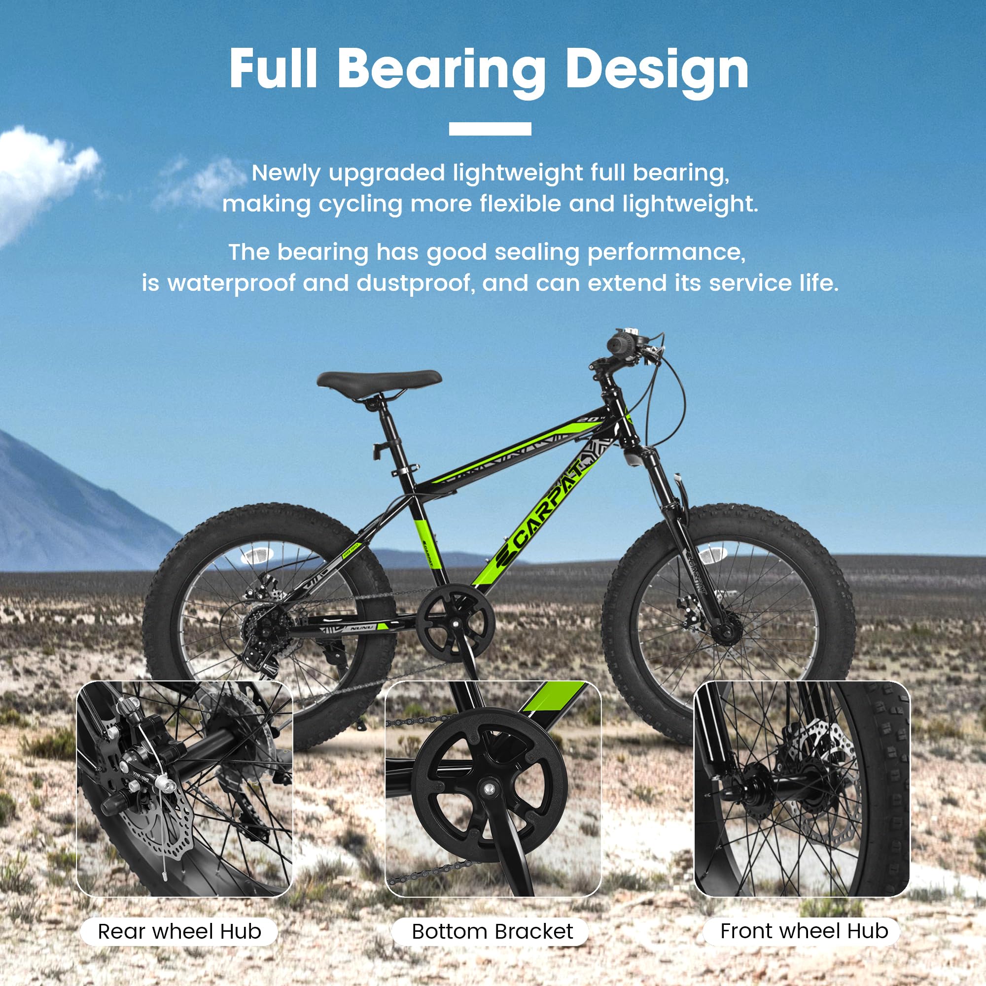 QEEKA 20 Inch Teenagers Mountain Bike,4.0"/2.125" Wide Non-Slip Tires,7-Speed,with Front Suspension,Dual Disc Brakes and Steel Frame,Kids MTB Bicycle for Ages 6-12 Years Old