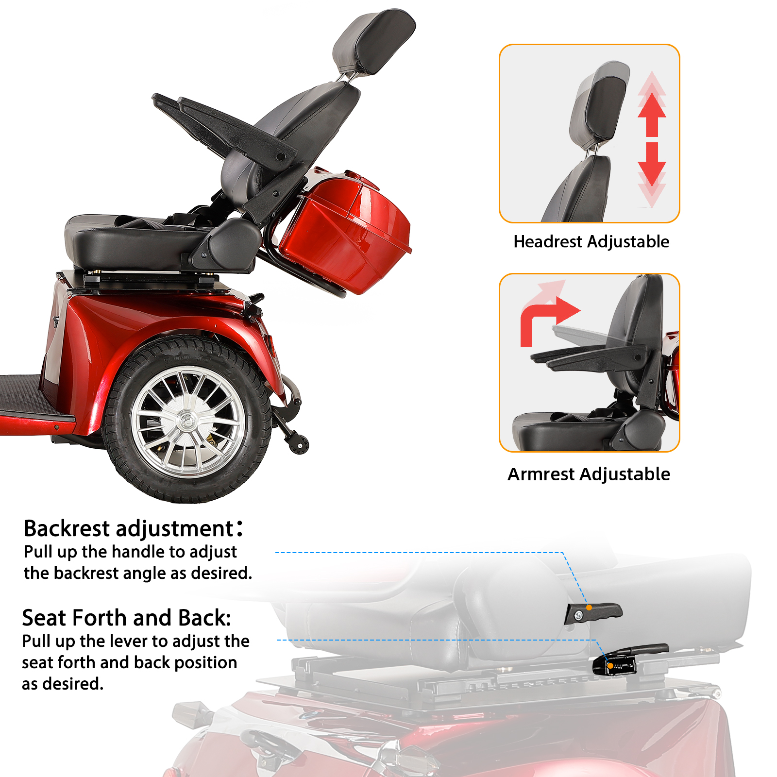 QEEKA Heavy-Duty 3-Wheel Mobility Scooter with Adjustable Seat Backrest & Height, Red, 330 lb Limit