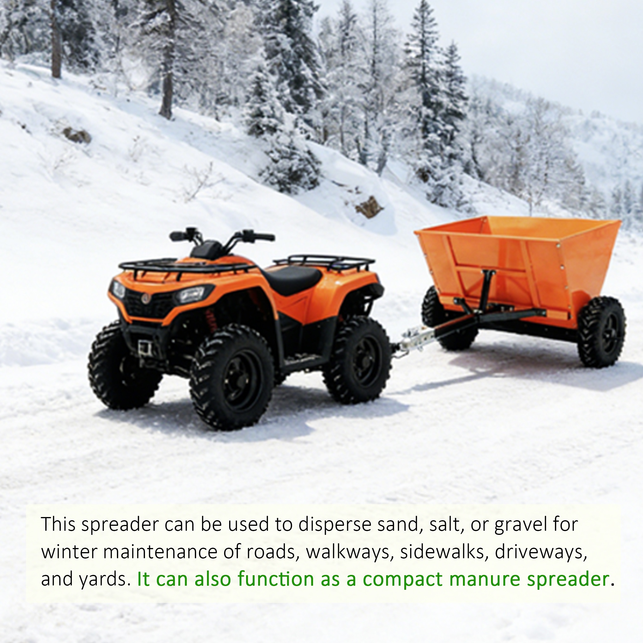 QEEKA 71Gal Towable Sand & Gravel Spreader for ATV/UTV - 270L Capacity with Adjustable Thickness for Road Maintenance
