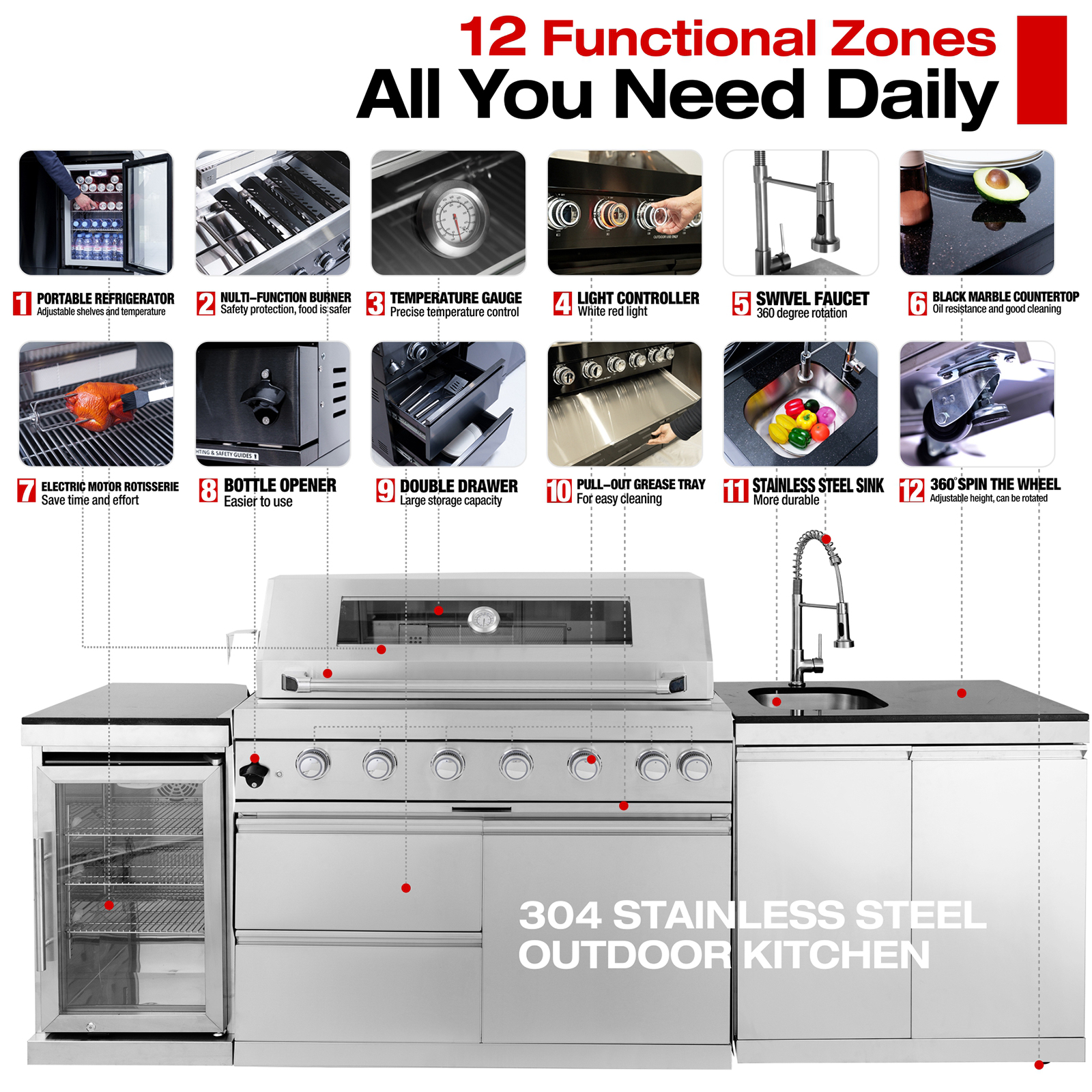 CTOSPOATO 43-Inch 6-Burner 85000 BTU Gas Grill Island - Outdoor Kitchen w/ Compact Fridge,Wine Cooler,Rotisserie,Granite Countertops & Storage Cabinets,Silver