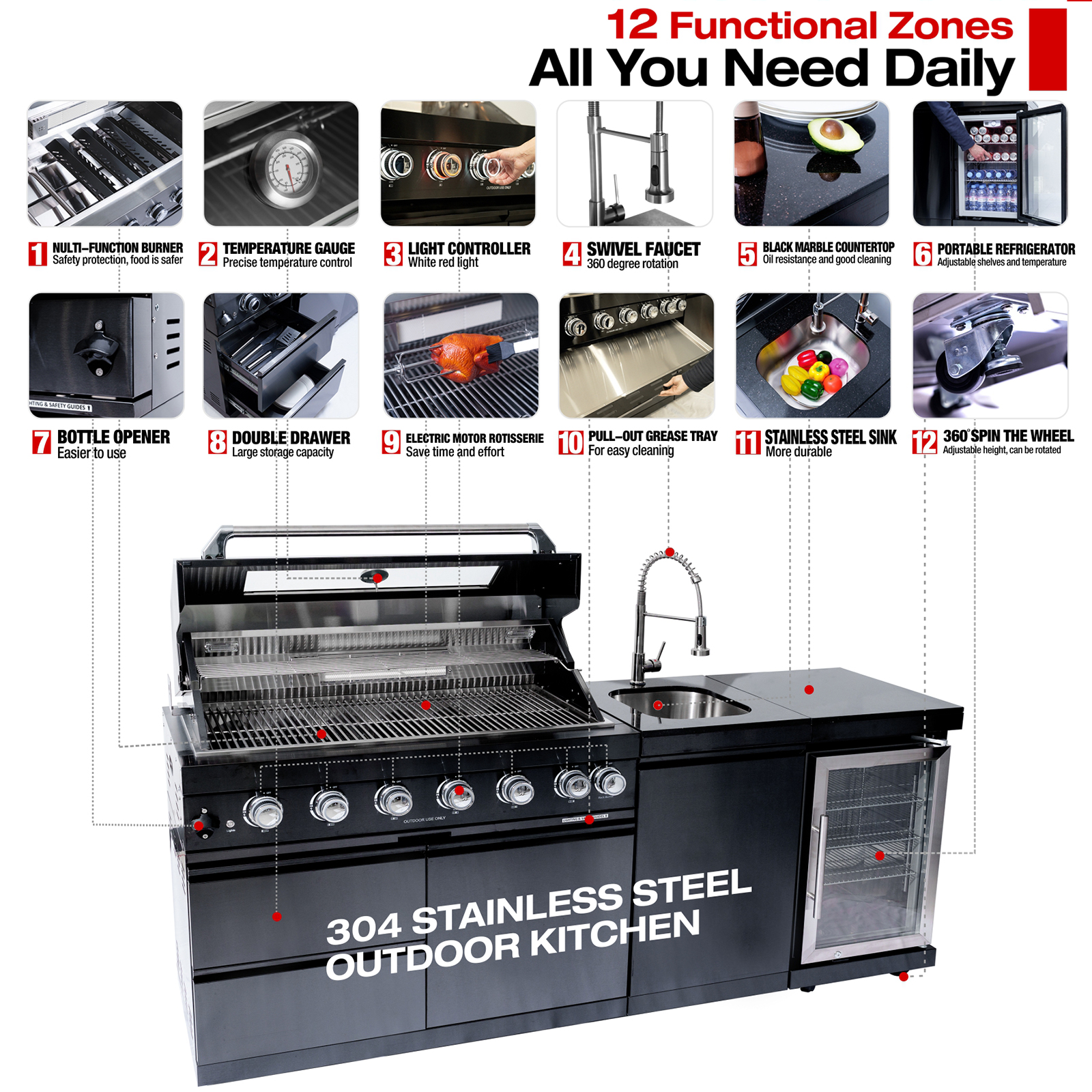 CTOSPOATO 43-Inch 6-Burner Outdoor Kitchen Grill Island,85,000 BTU Complete Stainless Steel Package with Wine Cooler,Compact Refrigerator,Rotisserie,Granite Countertop & Sink,Black