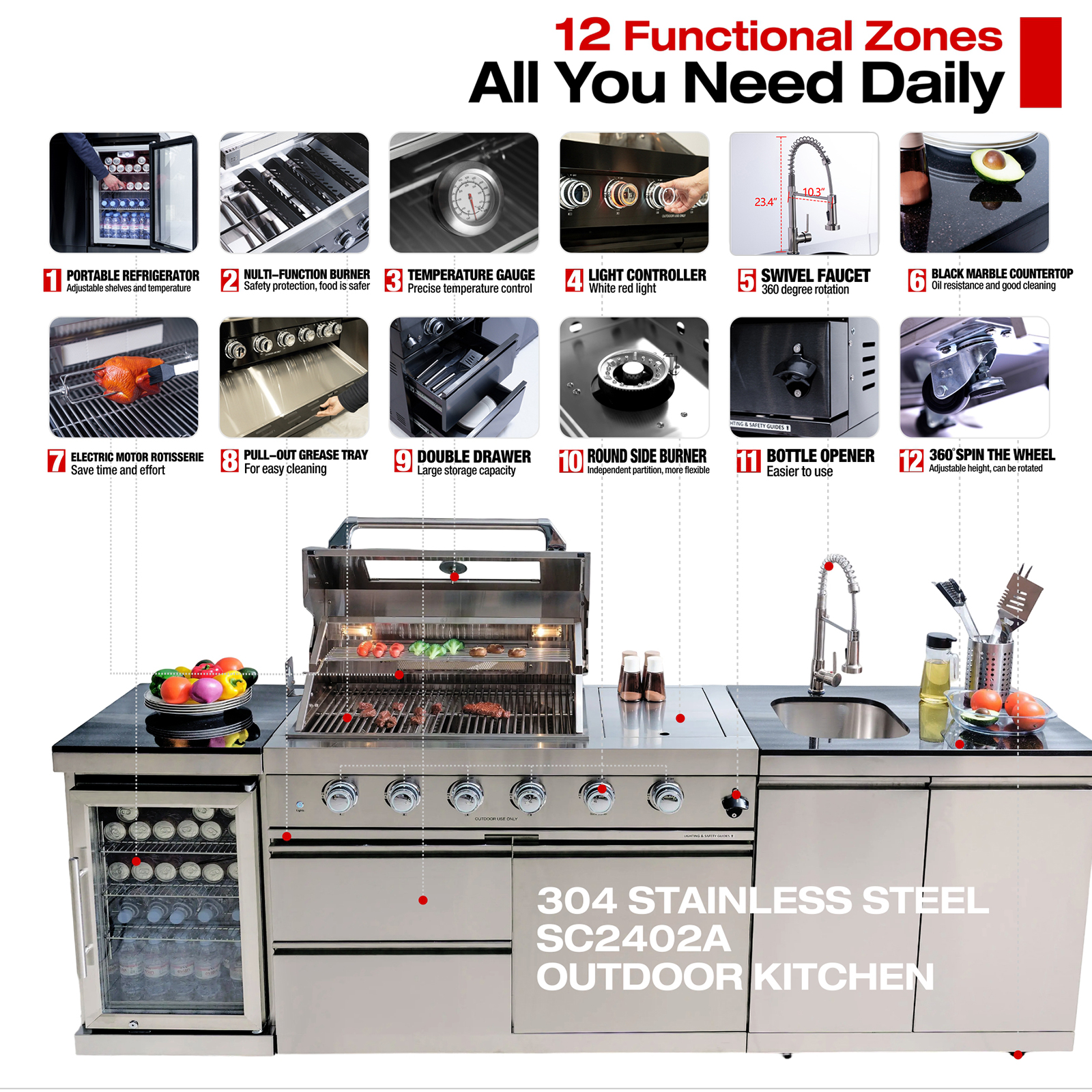 CTOSPOATO 46-Inch 4-Burner 72000 BTU Gas Grill Island - Outdoor Kitchen w/ Compact Fridge, Wine Cooler,Rotisserie,Granite Countertops & Storage Cabinets,Silver