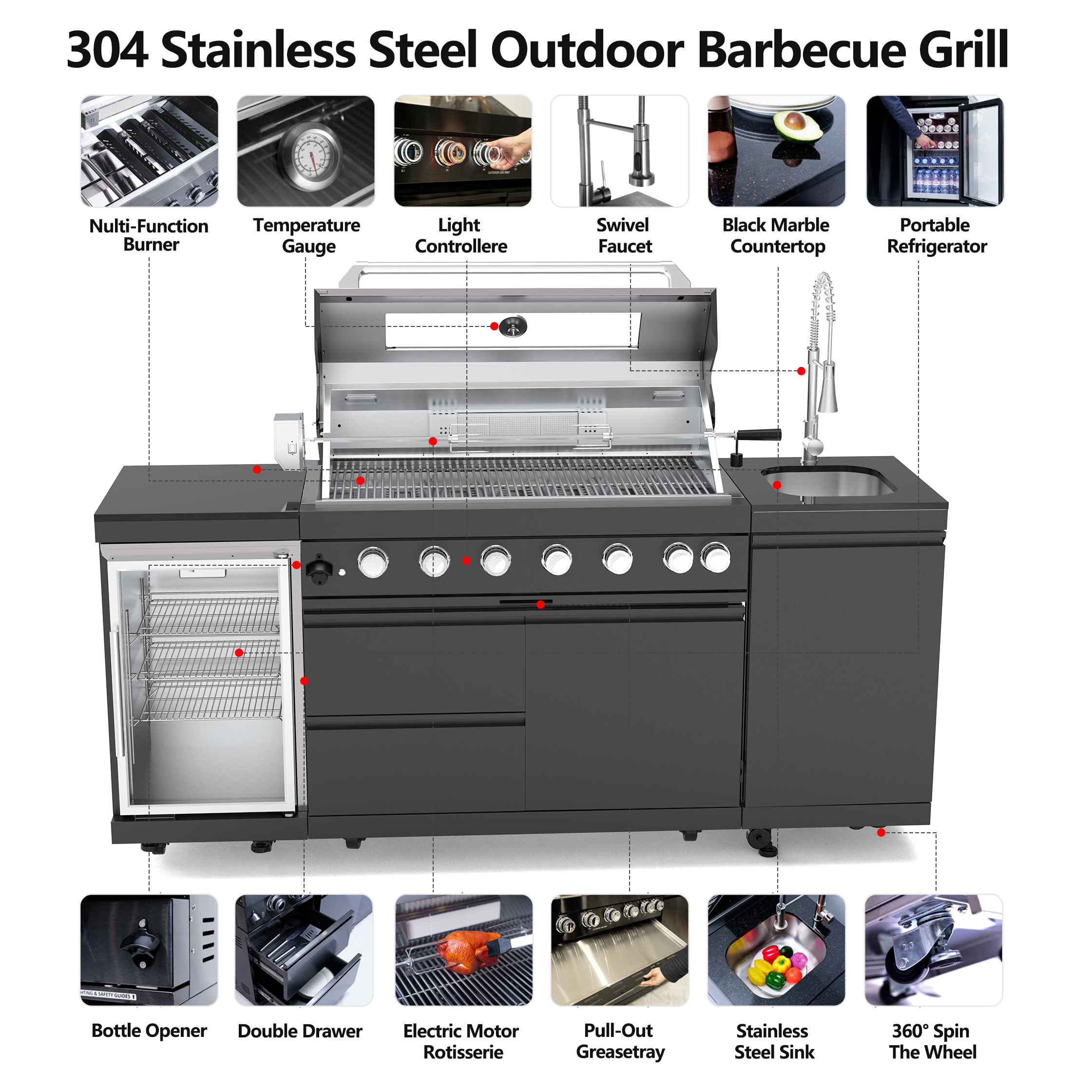 CTOSPOATO 46-Inch 4-Burner 72000 BTU Gas Grill Island - Outdoor Kitchen w/ Compact Fridge,Wine Cooler,Rotisserie & Stainless Steel Sink (Black)