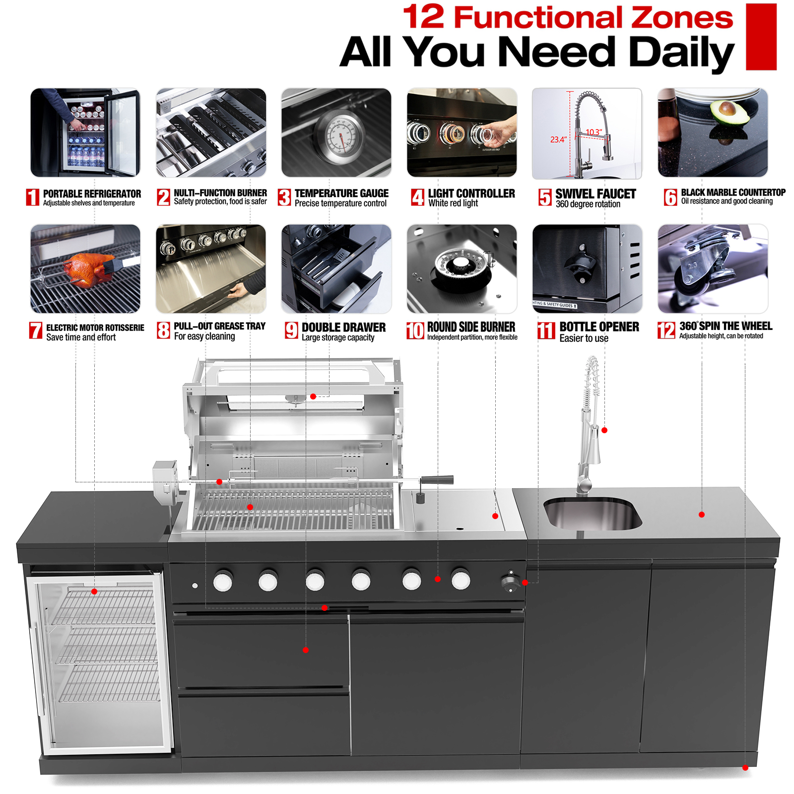 CTOSPOATO 46-Inch 4-Burner 72000 BTU Gas Grill Island - Outdoor Kitchen for Backyard Parties w/ Compact Fridge,Wine Cooler,Rotisserie,Granite Countertops & Stainless Steel Sink