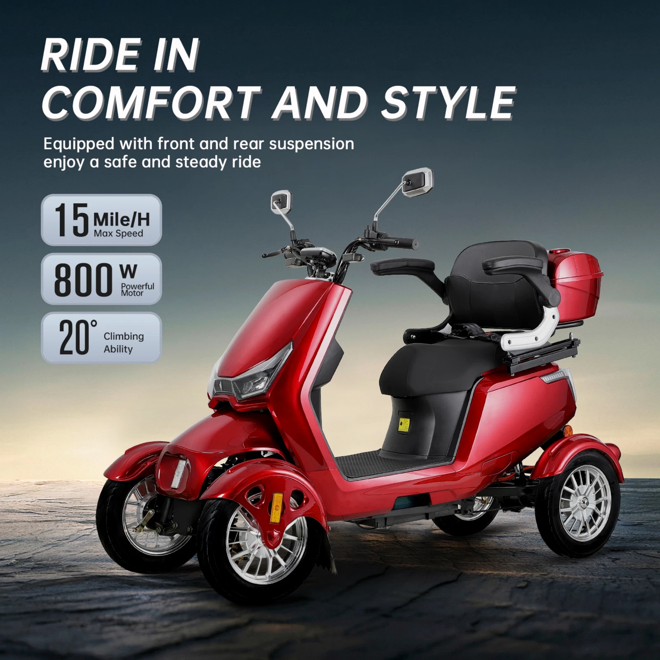 QEEKA Heavy-Duty 4 Wheel,500 Lbs Capacity,3 Speed Control with 35-40 mile Long Range Battery for Seniors & Adults Travel,20°Max Climbing,Remote Key