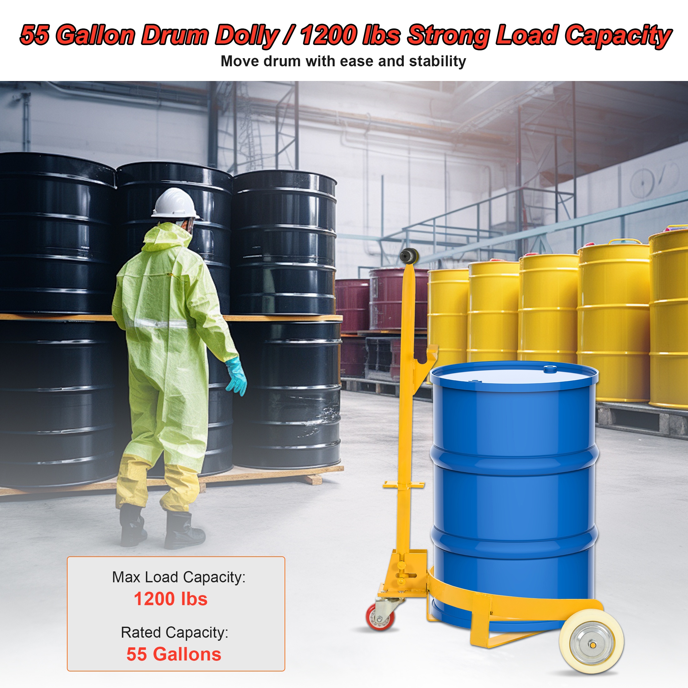 CTOSPOATO 55 Gallon Drum Dolly,1200lbs Capacity Drum Cart with Bung Wrench Handle and Swivel Wheels with Brake,Low Profile,Yellow