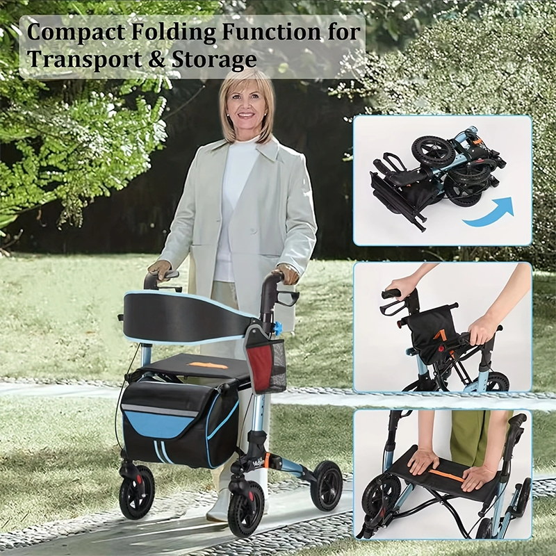 QEEKA Foldable Rollator Walkers with Seat for Seniors,350 lb Capacity,8'' Big Wheels,6-Position Height