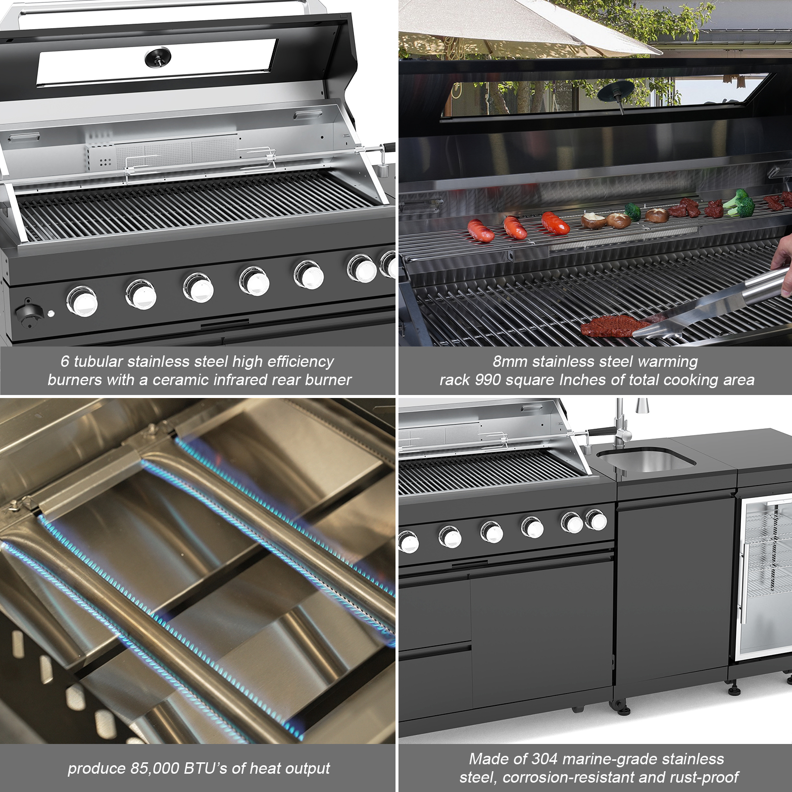 CTOSPOATO 43-Inch 6-Burner Outdoor Kitchen Grill Island,85,000 BTU Complete Stainless Steel Package with Wine Cooler,Compact Refrigerator,Rotisserie,Granite Countertop & Sink,Black