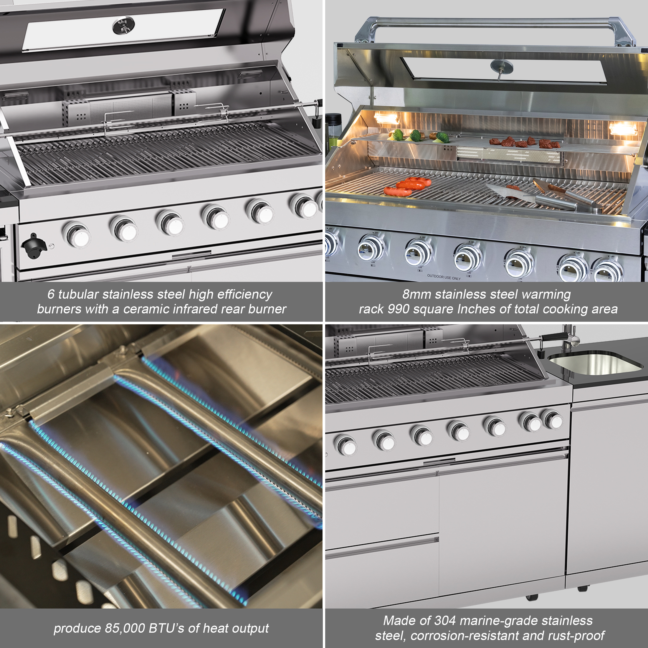 CTOSPOATO 43-Inch Deluxe 6-Burner Outdoor Kitchen Island,85,000 BTU Stainless Steel BBQ Grill,Built-In Wine Cooler,Compact Fridge,Rotisserie,Granite Countertops & Storage Cabinets,Silver