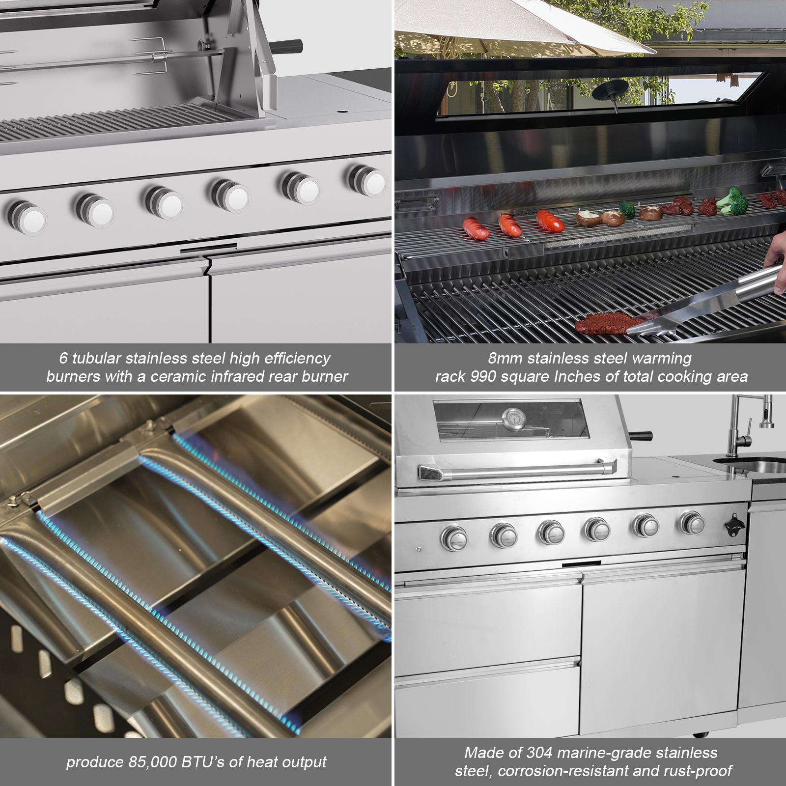 CTOSPOATO 46-Inch 4-Burner 72000 BTU Gas Grill Island - Outdoor Kitchen w/ Compact Fridge, Wine Cooler,Rotisserie,Granite Countertops & Storage Cabinets,Silver