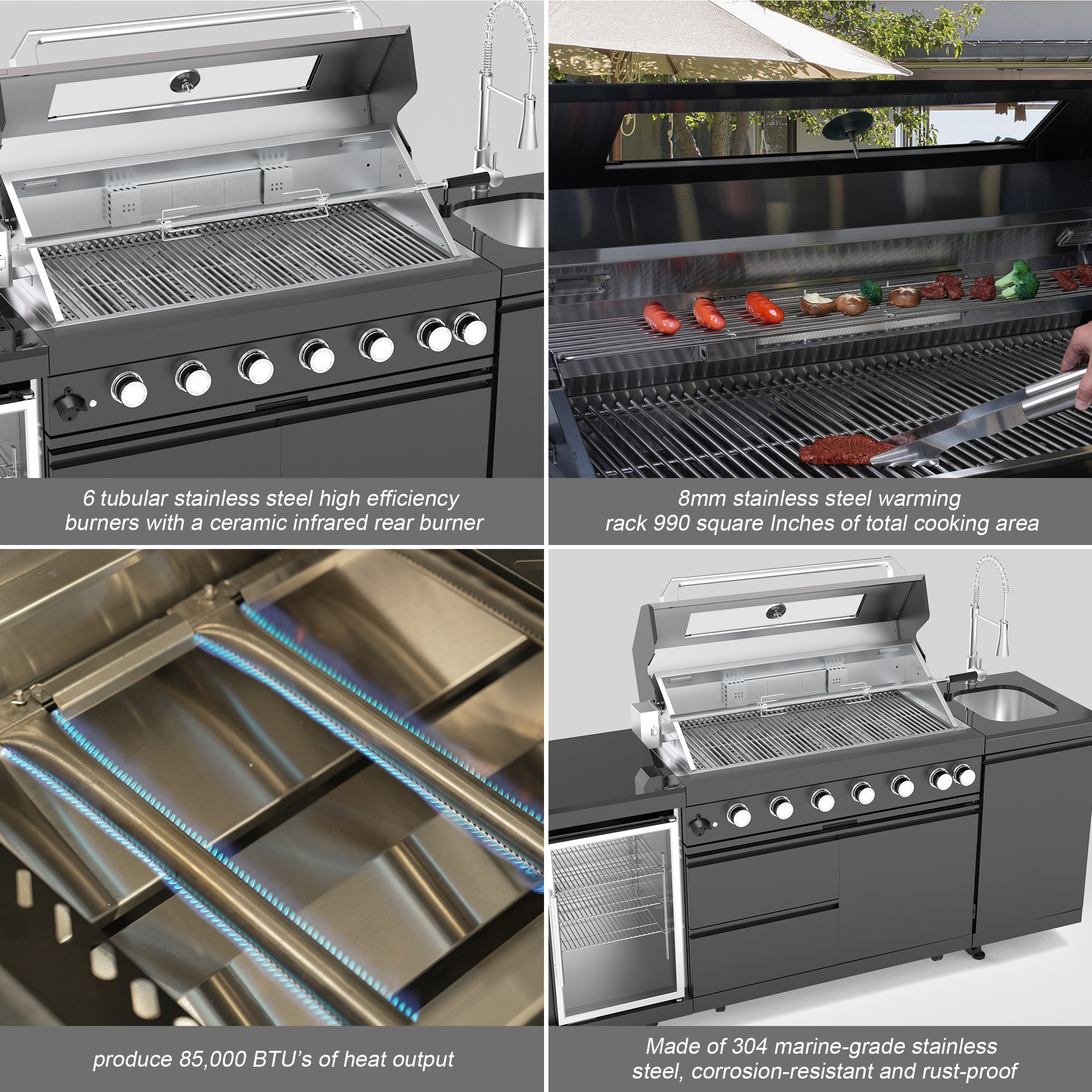 CTOSPOATO 46-Inch 4-Burner 72000 BTU Gas Grill Island - Outdoor Kitchen w/ Compact Fridge,Wine Cooler,Rotisserie & Stainless Steel Sink (Black)