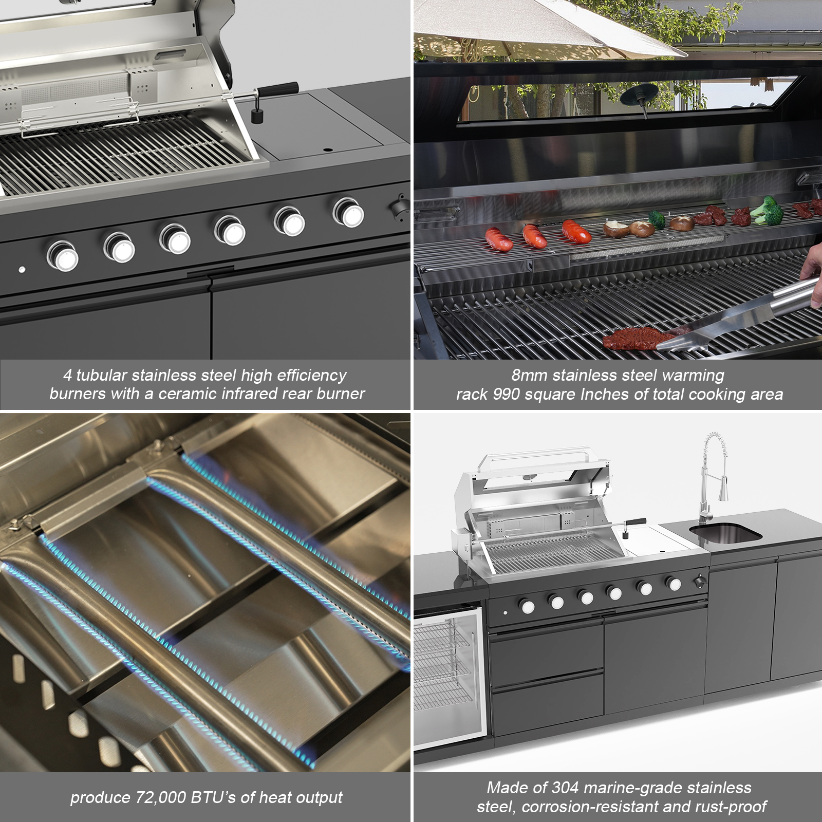 CTOSPOATO 46-Inch 4-Burner 72000 BTU Gas Grill Island - Outdoor Kitchen for Backyard Parties w/ Compact Fridge,Wine Cooler,Rotisserie,Granite Countertops & Stainless Steel Sink