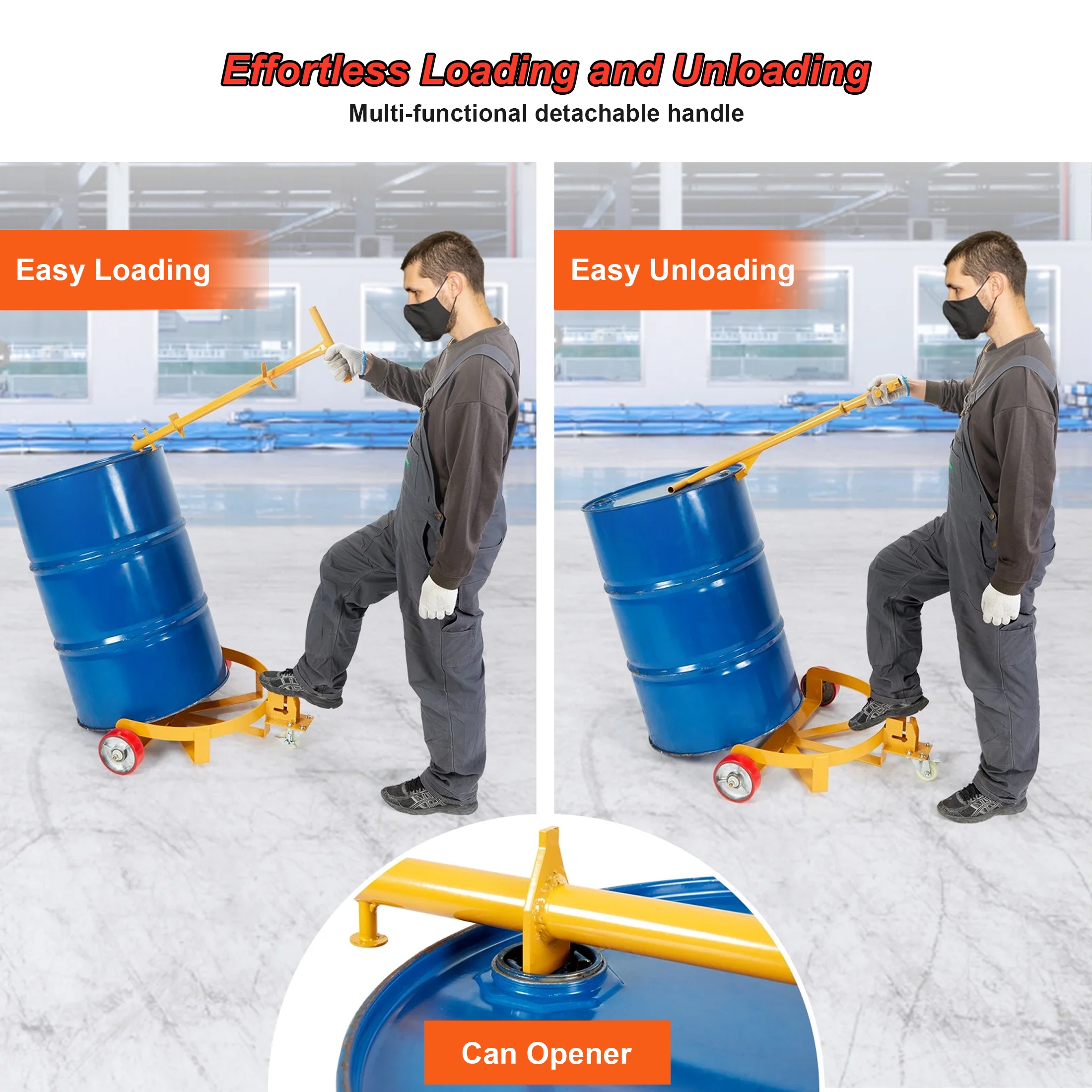 CTOSPOATO 55 Gallon Drum Dolly,1200lbs Capacity Drum Cart with Bung Wrench Handle and Swivel Wheels with Brake,Low Profile,Yellow