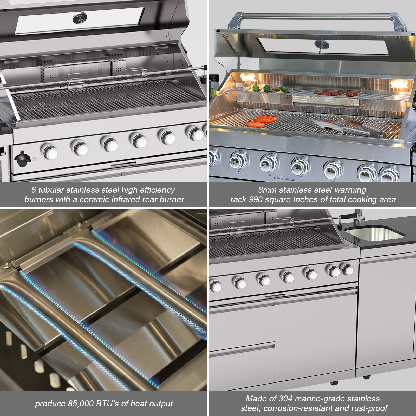 CTOSPOATO 43-Inch 6-Burner 85000 BTU Gas Grill Island - Outdoor Kitchen w/ Compact Fridge,Wine Cooler,Rotisserie,Granite Countertops & Storage Cabinets,Silver
