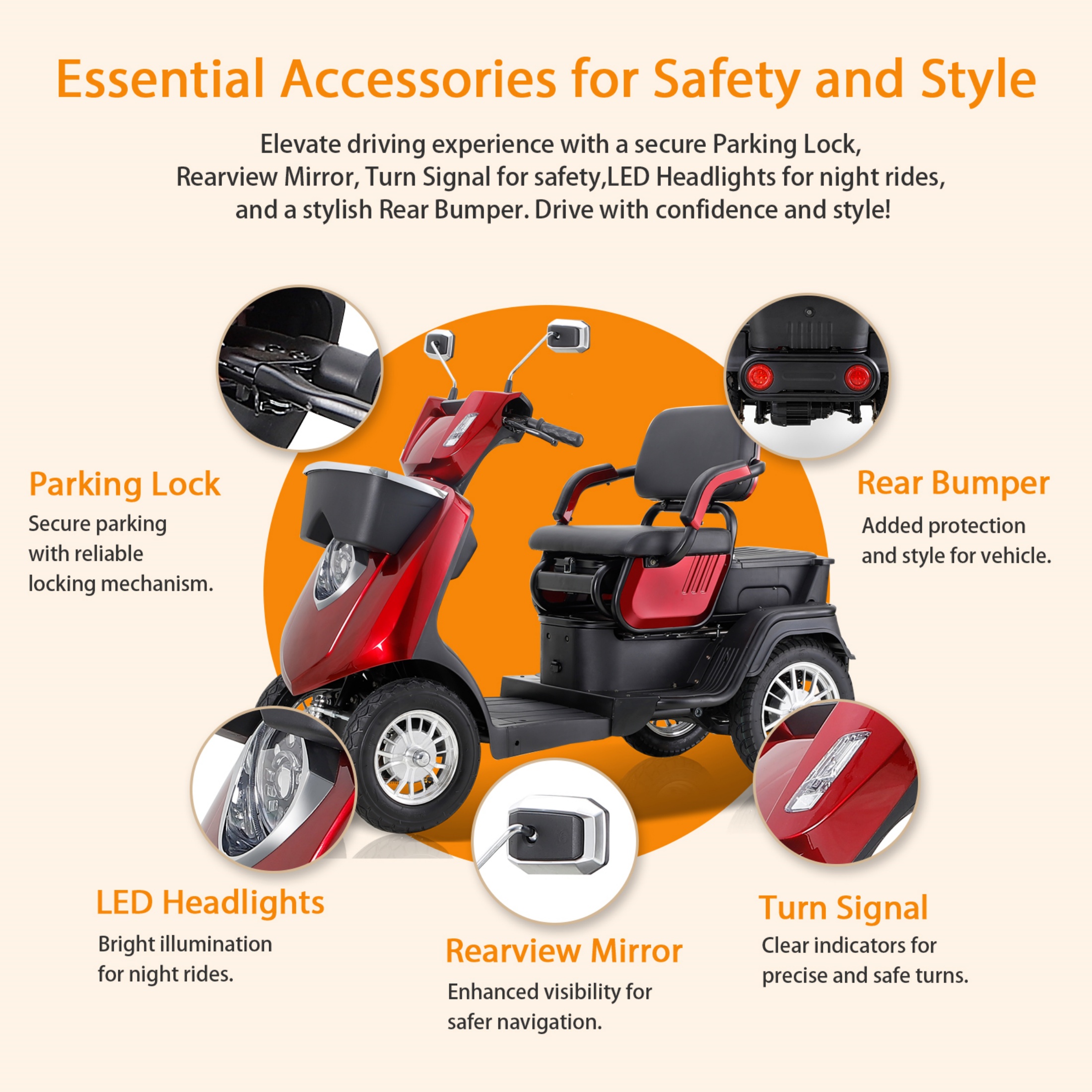 QEEKA 4-Wheel Mobility Scooter, 2-Seater Electric Scooter with Adjustable Seat, 500 lb Capacity, Red