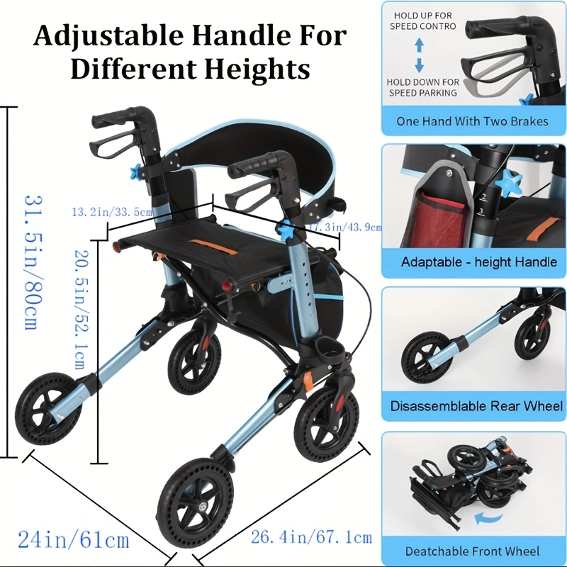 QEEKA Foldable Rollator Walkers with Seat for Seniors,350 lb Capacity,8'' Big Wheels,6-Position Height