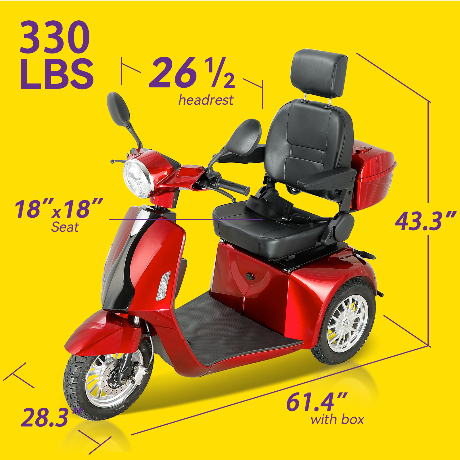 QEEKA Heavy-Duty 3-Wheel Mobility Scooter with Adjustable Seat Backrest & Height, Red, 330 lb Limit