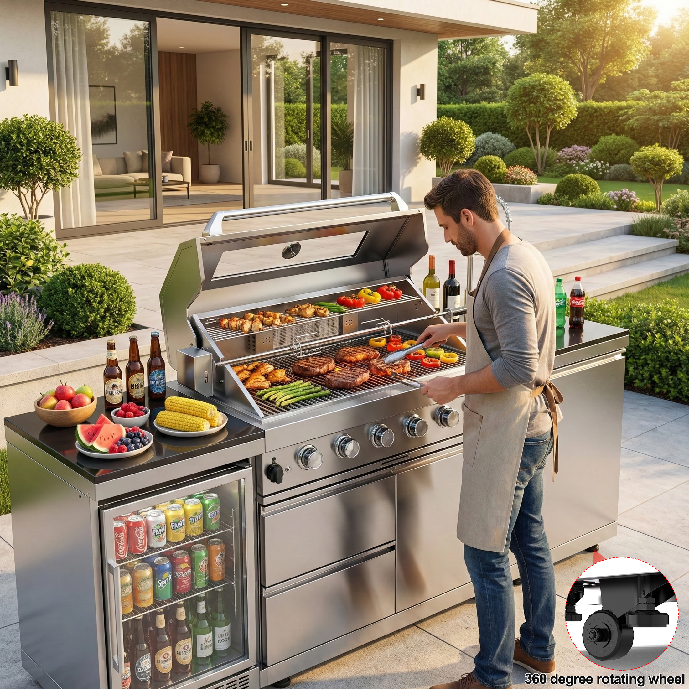CTOSPOATO 43-Inch Deluxe 6-Burner Outdoor Kitchen Island,85,000 BTU Stainless Steel BBQ Grill,Built-In Wine Cooler,Compact Fridge,Rotisserie,Granite Countertops & Storage Cabinets,Silver