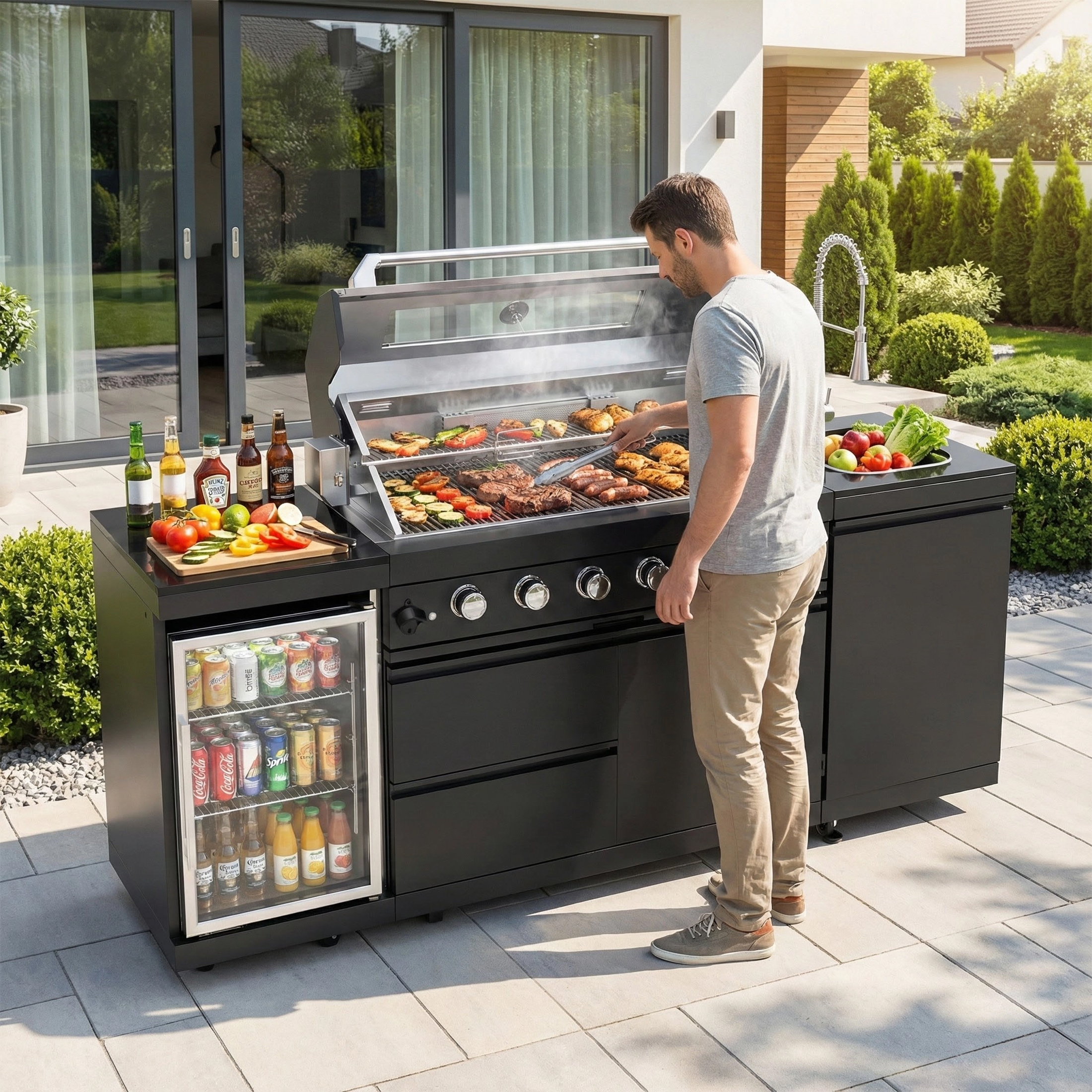 CTOSPOATO 46-Inch 4-Burner 72000 BTU Gas Grill Island - Outdoor Kitchen w/ Compact Fridge,Wine Cooler,Rotisserie & Stainless Steel Sink (Black)