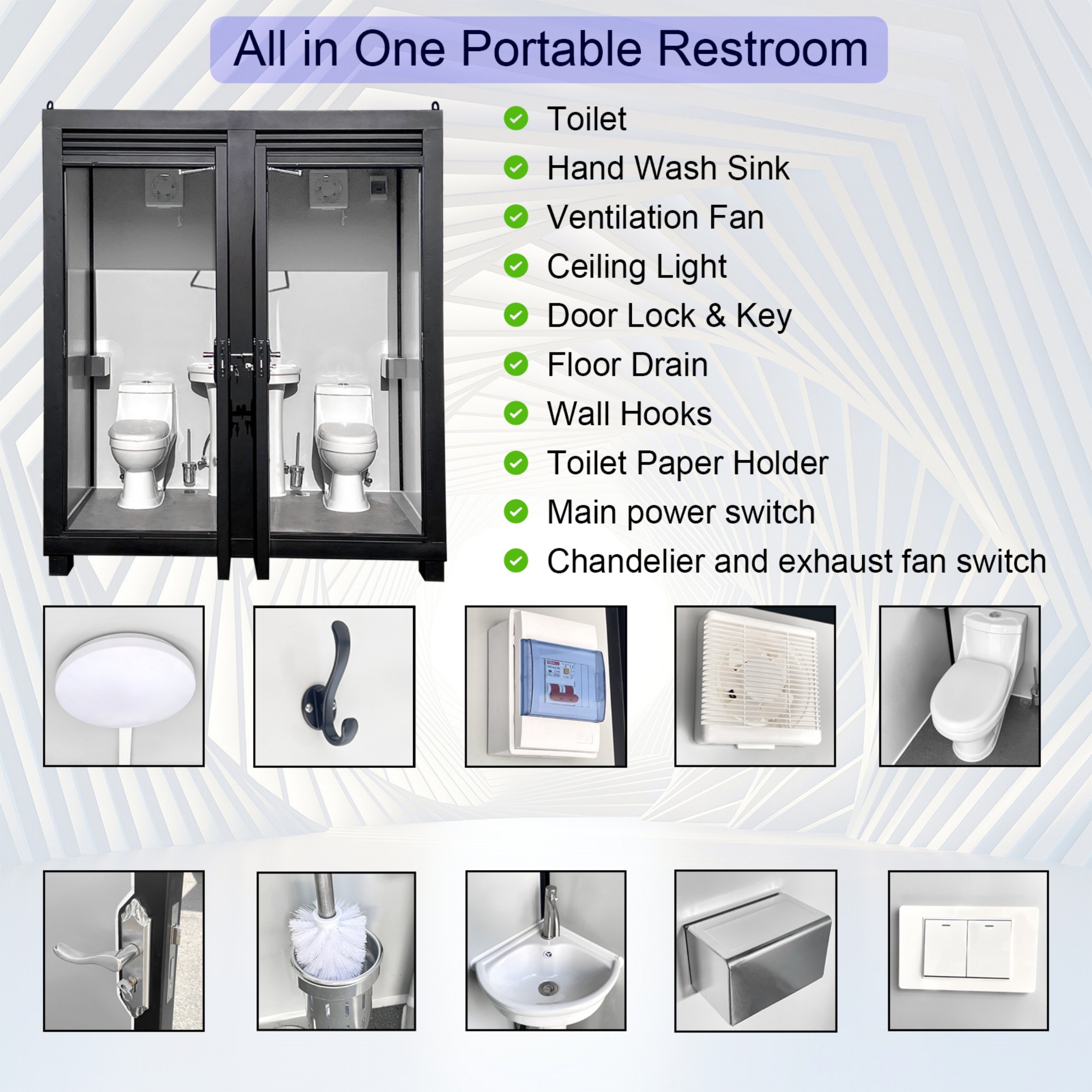 CTOSPOATO 2-Person Portable Toilet Cabin - Outdoor Restroom w/ Light, Sink & Vent Fan, Mobile for Events