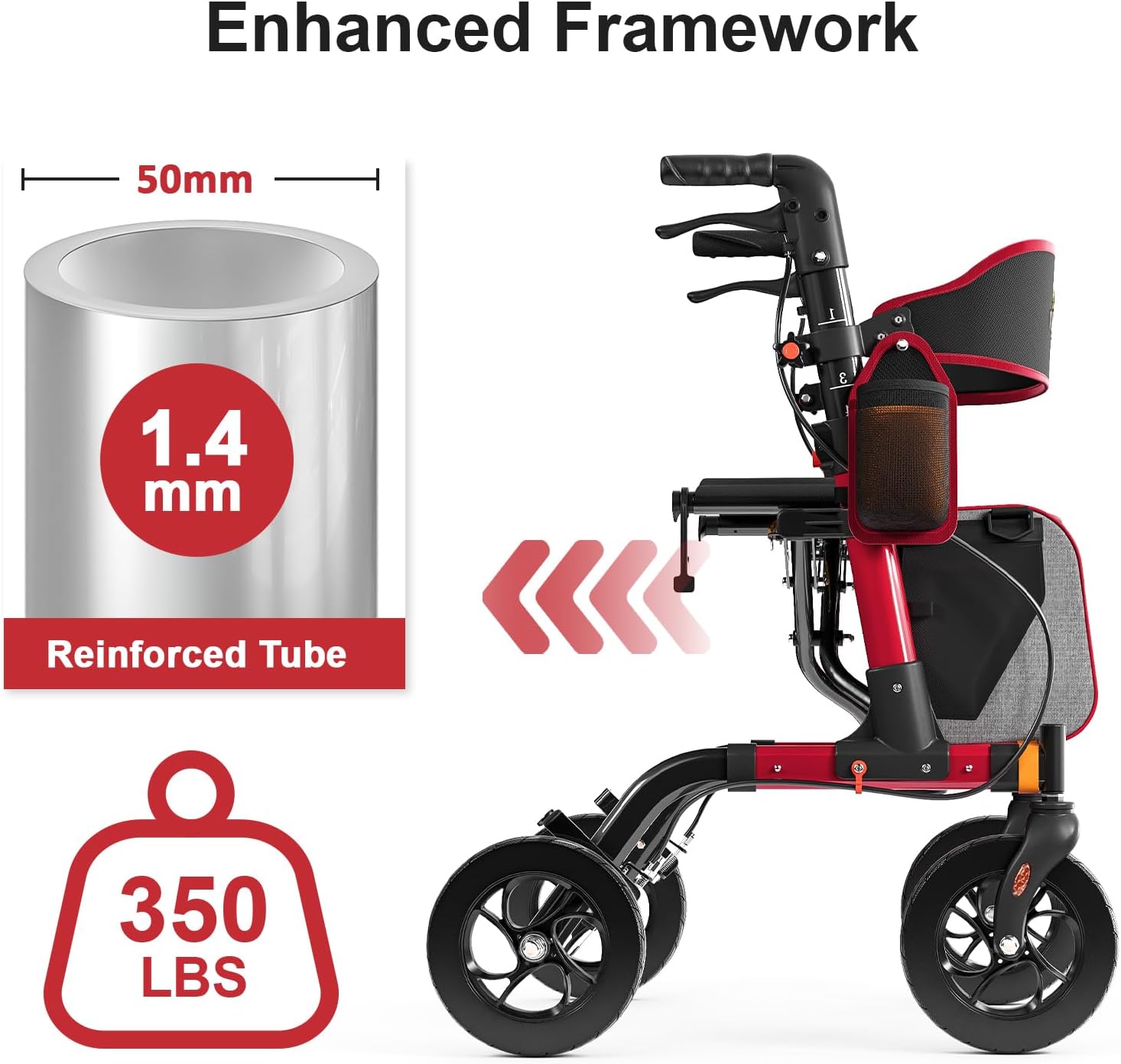 QEEKA Rollator Walker with Seat,350 lb Weight Capacity,18" Big Seat,8" All-Terrain Wheels,6-Level Adjustable Height,Lightweight Aluminum Frame Rollator Walkers for Seniors