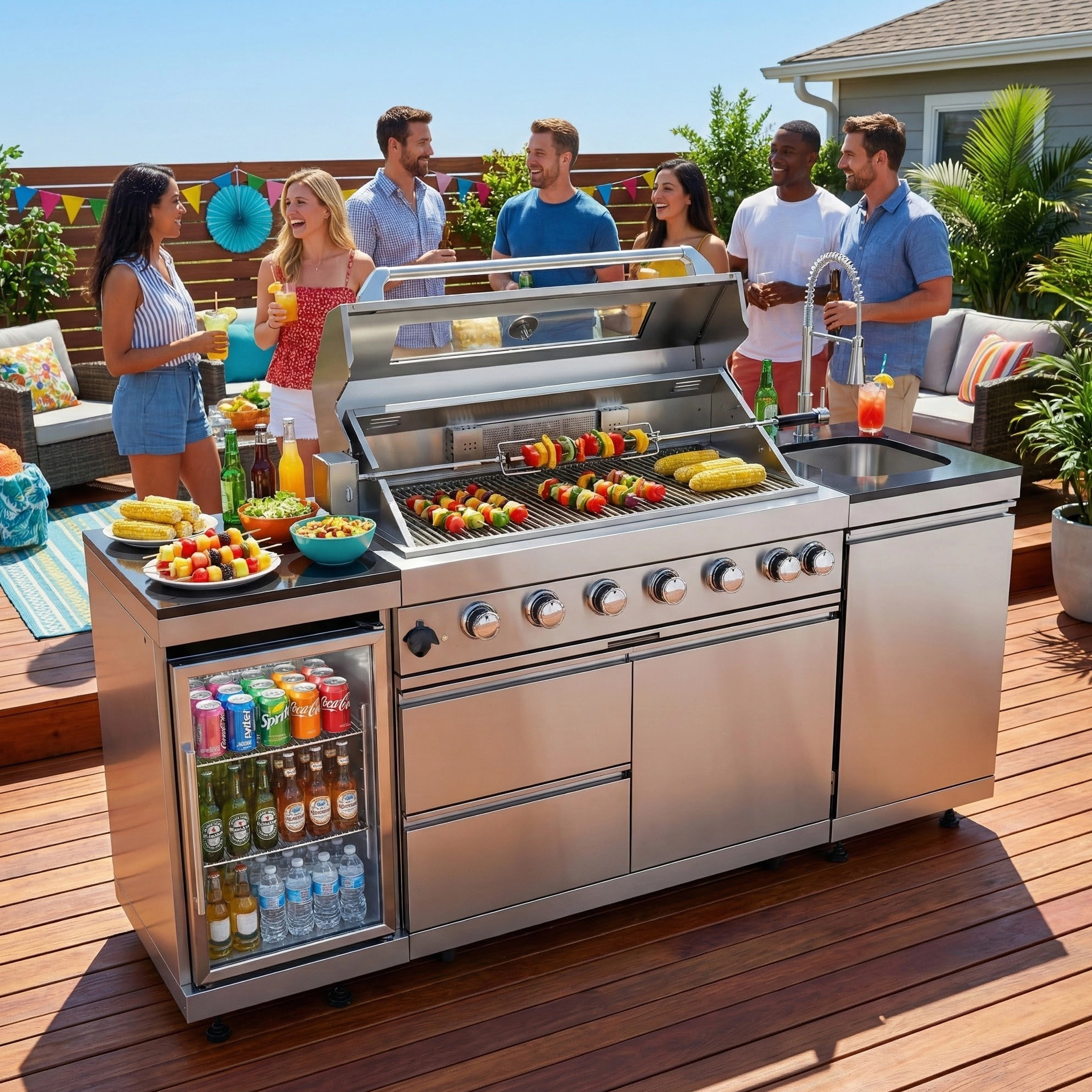 CTOSPOATO 43-Inch Deluxe 6-Burner Outdoor Kitchen Island,85,000 BTU Stainless Steel BBQ Grill,Built-In Wine Cooler,Compact Fridge,Rotisserie,Granite Countertops & Storage Cabinets,Silver