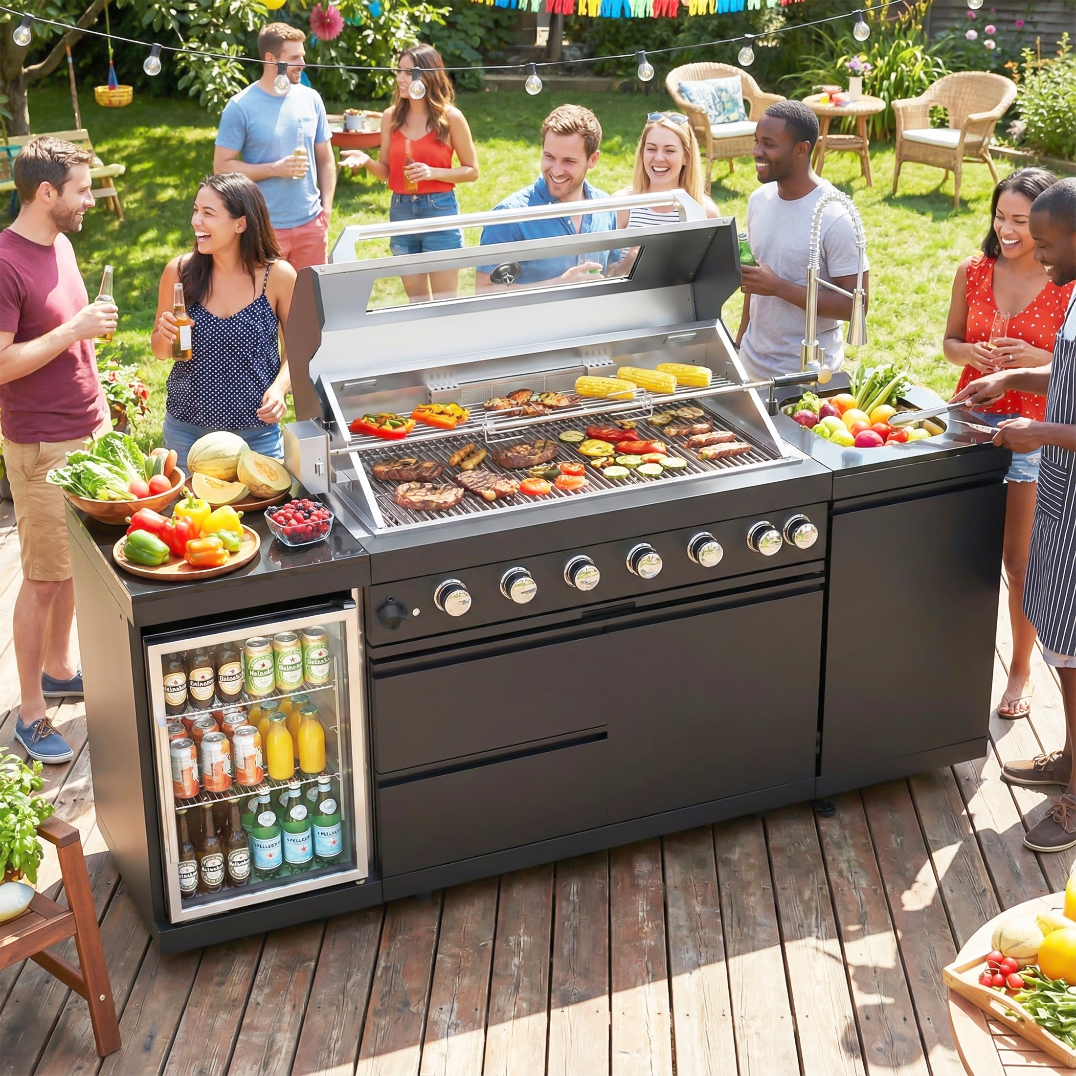 CTOSPOATO 46-Inch 4-Burner 72000 BTU Gas Grill Island - Outdoor Kitchen w/ Compact Fridge,Wine Cooler,Rotisserie & Stainless Steel Sink (Black)