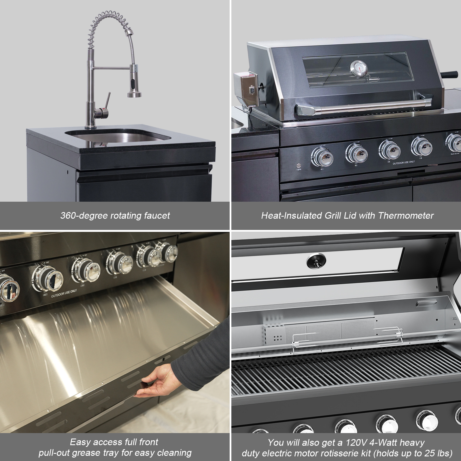 CTOSPOATO 46-Inch 4-Burner 72000 BTU Gas Grill Island - Outdoor Kitchen for Backyard Parties w/ Compact Fridge,Wine Cooler,Rotisserie,Granite Countertops & Stainless Steel Sink